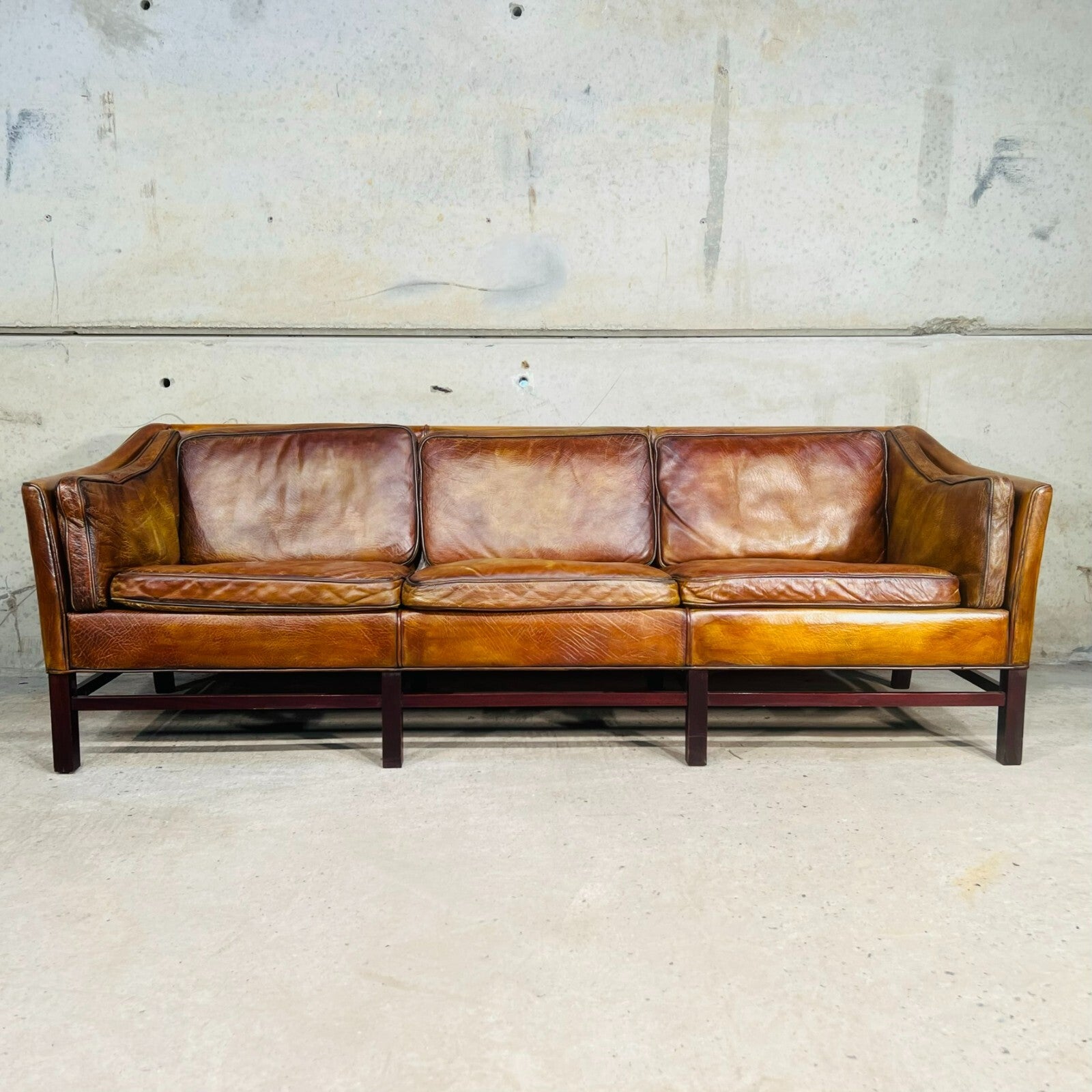 Vintage Erik Jorgensen 70s Danish Tan Three-Seater Leather Sofa