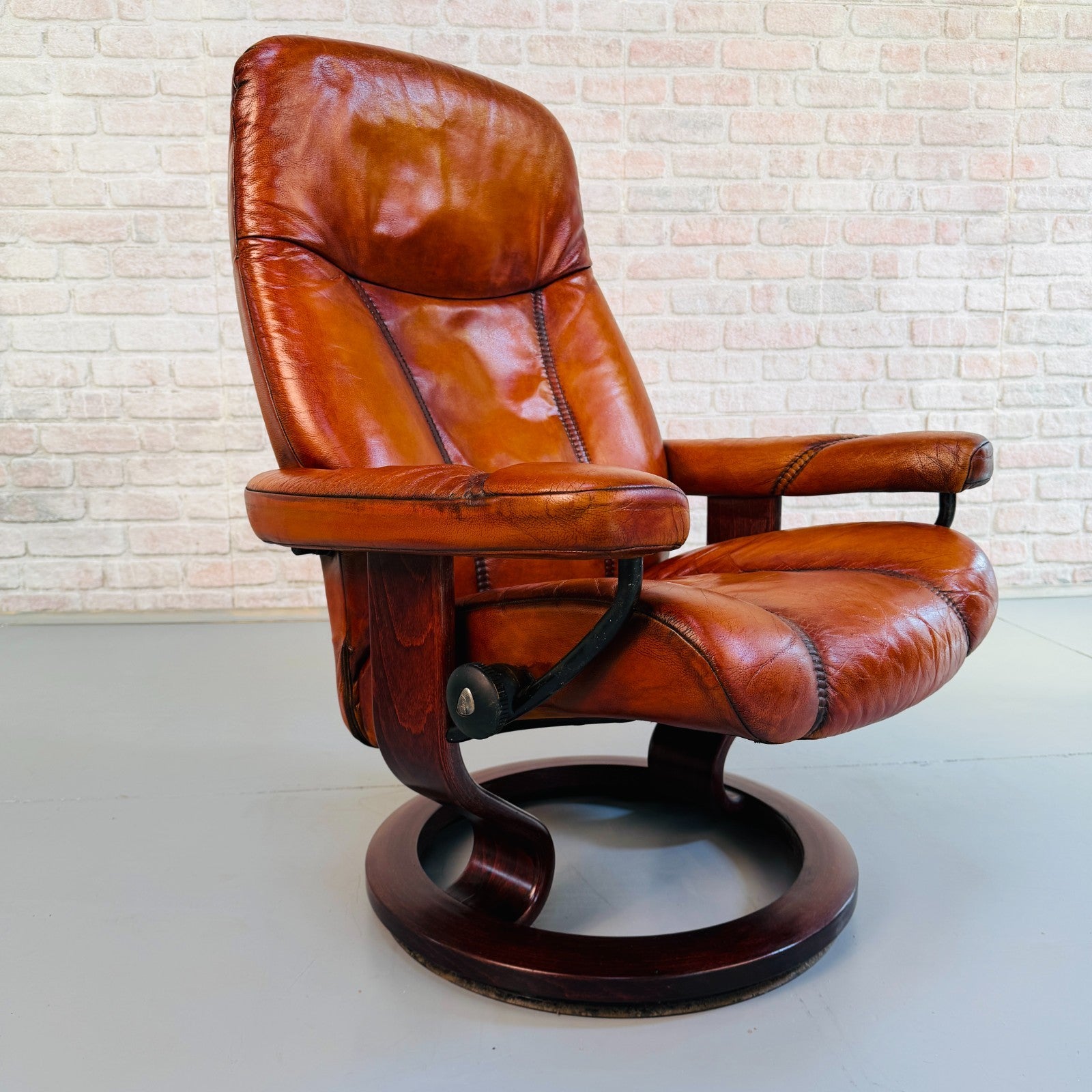 Vintage Danish Ekornes Reclining Swivel Armchair Tan Leather with Footstool