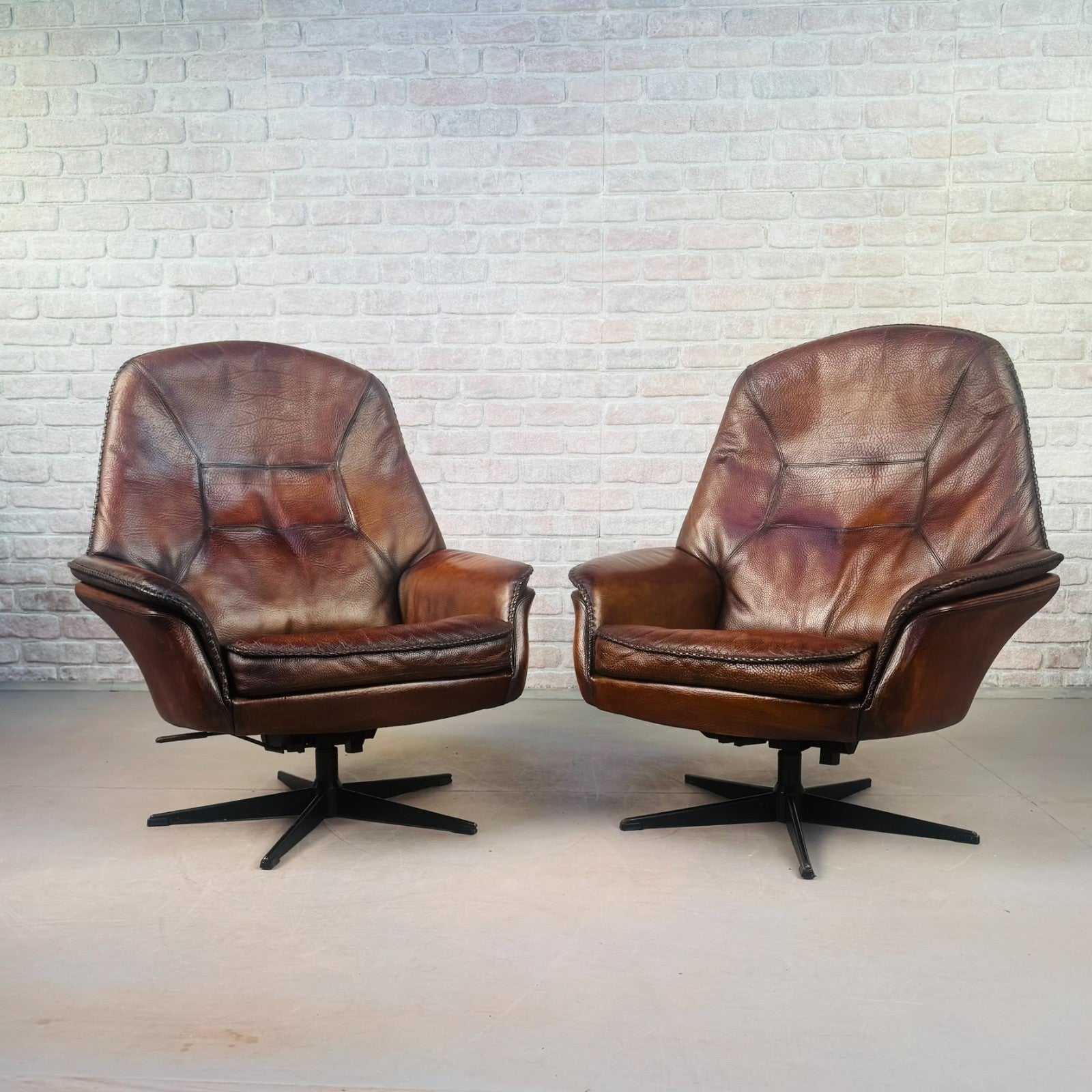 Vintage Pair 1970s Danish Berg Mobler Brown Leather Swivel Chairs Mid Century