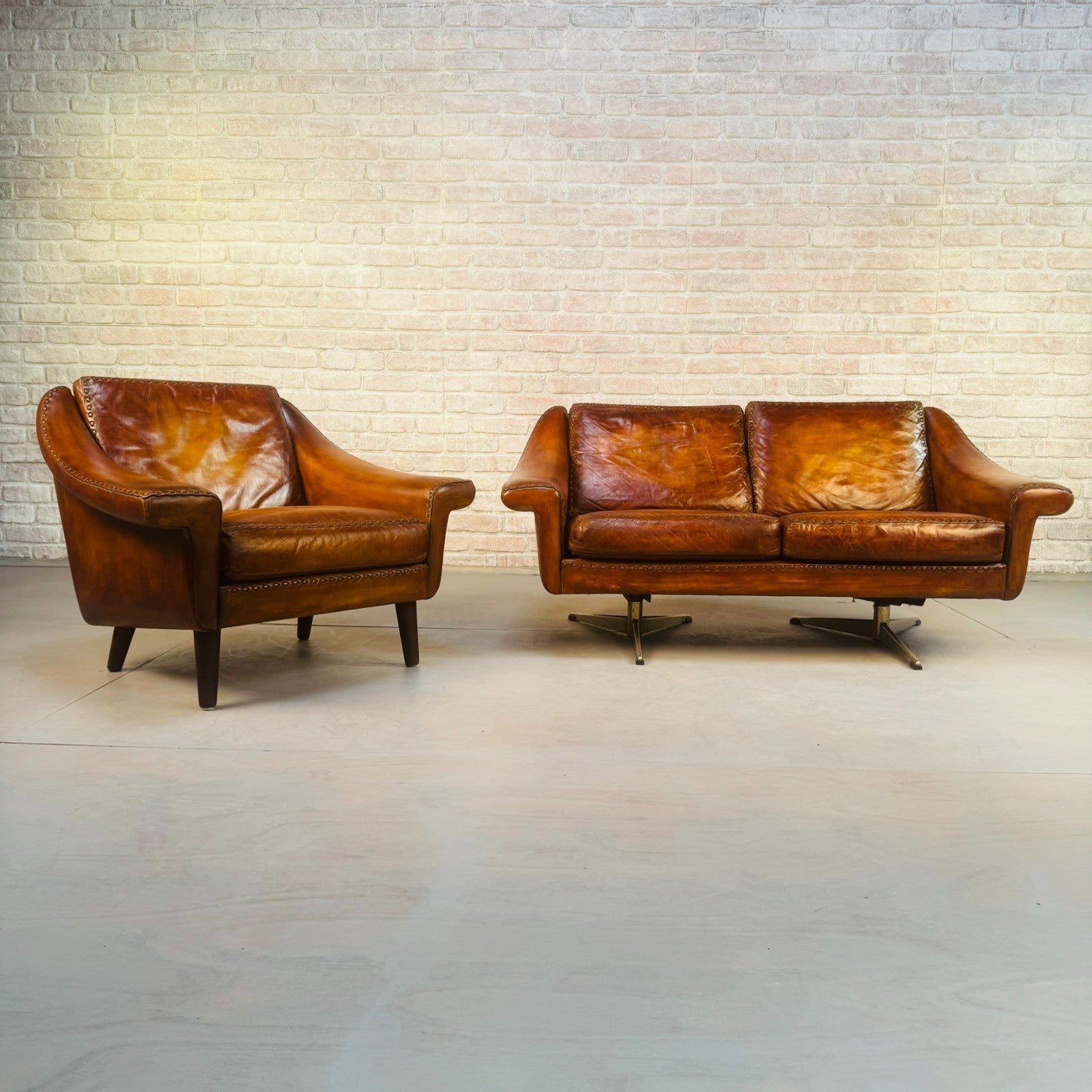 Vintage 60s Aage Christiansen "Matador" Tan Leather 2 Seater Sofa & Chair