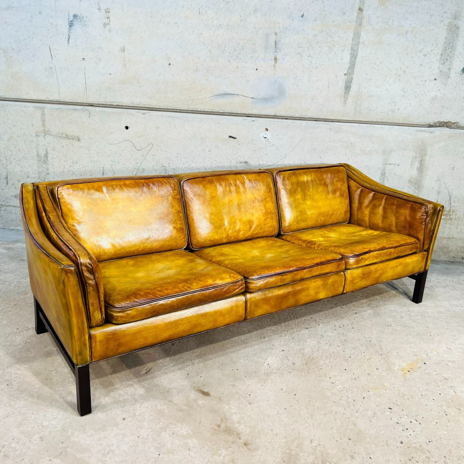 Vintage 1970s Danish Erik Jorgensen Patinated Light Tan Three-Seater Leather Sofa