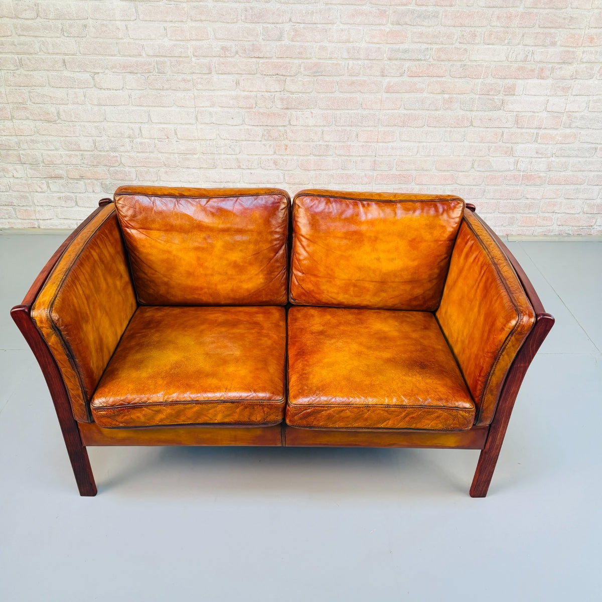Vintage Danish Tan Leather 2 Seater Sofa – Hand Dyed Beautiful Patina