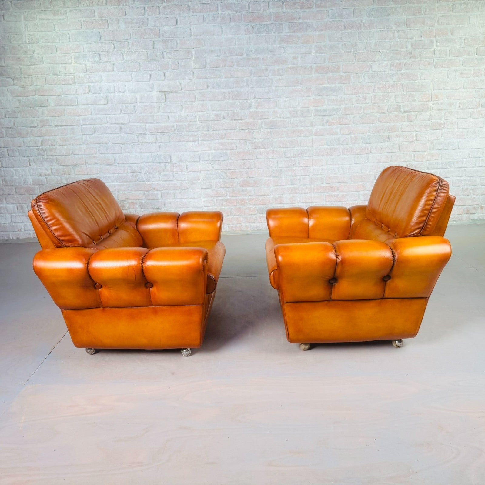 Pair of Vintage Danish Cognac Leather Armchairs – Hand-Dyed Patina
