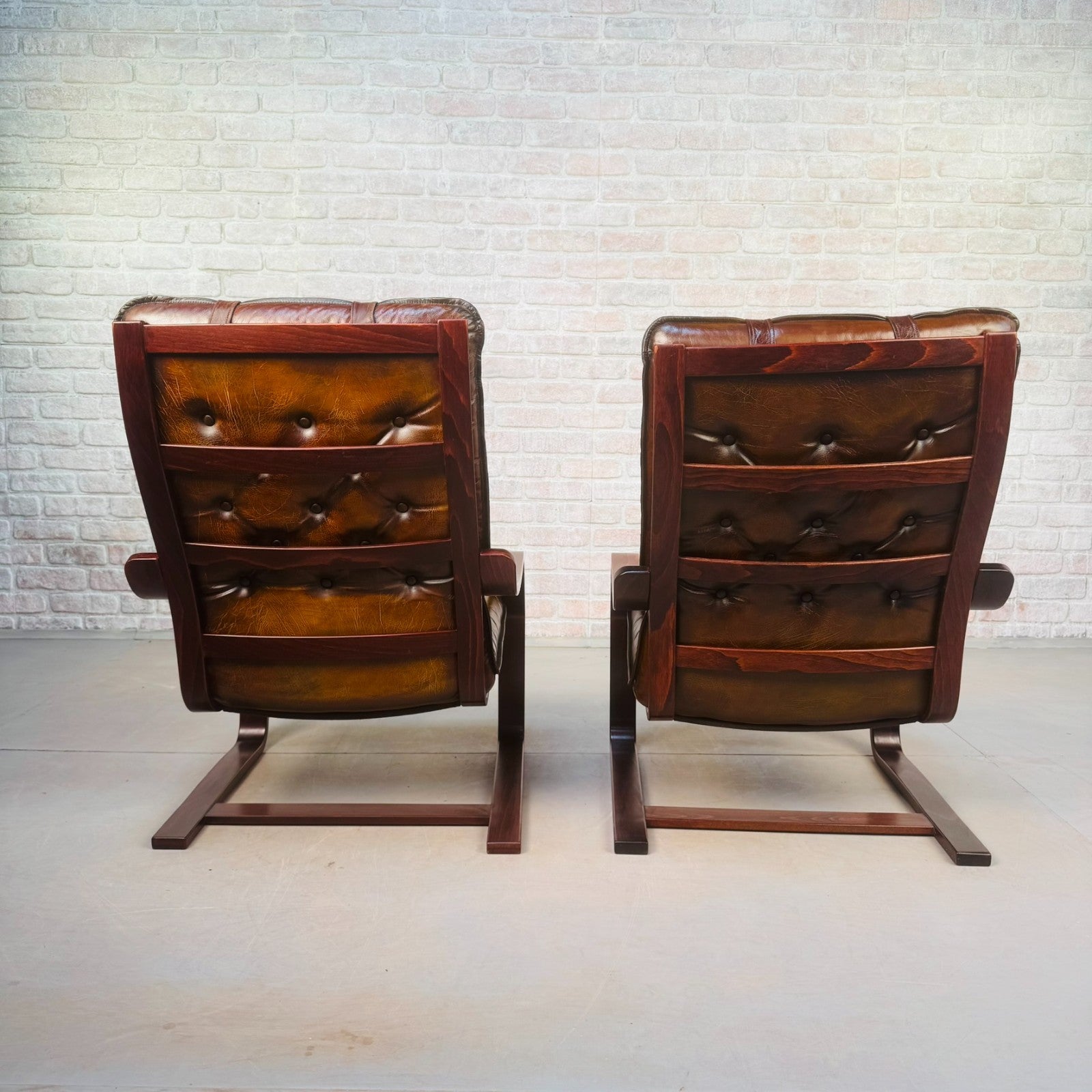 Pair of Vintage Scandinavian Tan Leather Bentwood Armchairs