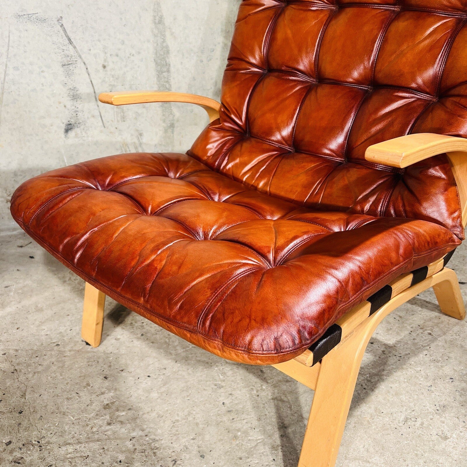 Wide Back Vintage 1970s Danish Cognac Leather Birch Bentwood Pair of Chairs