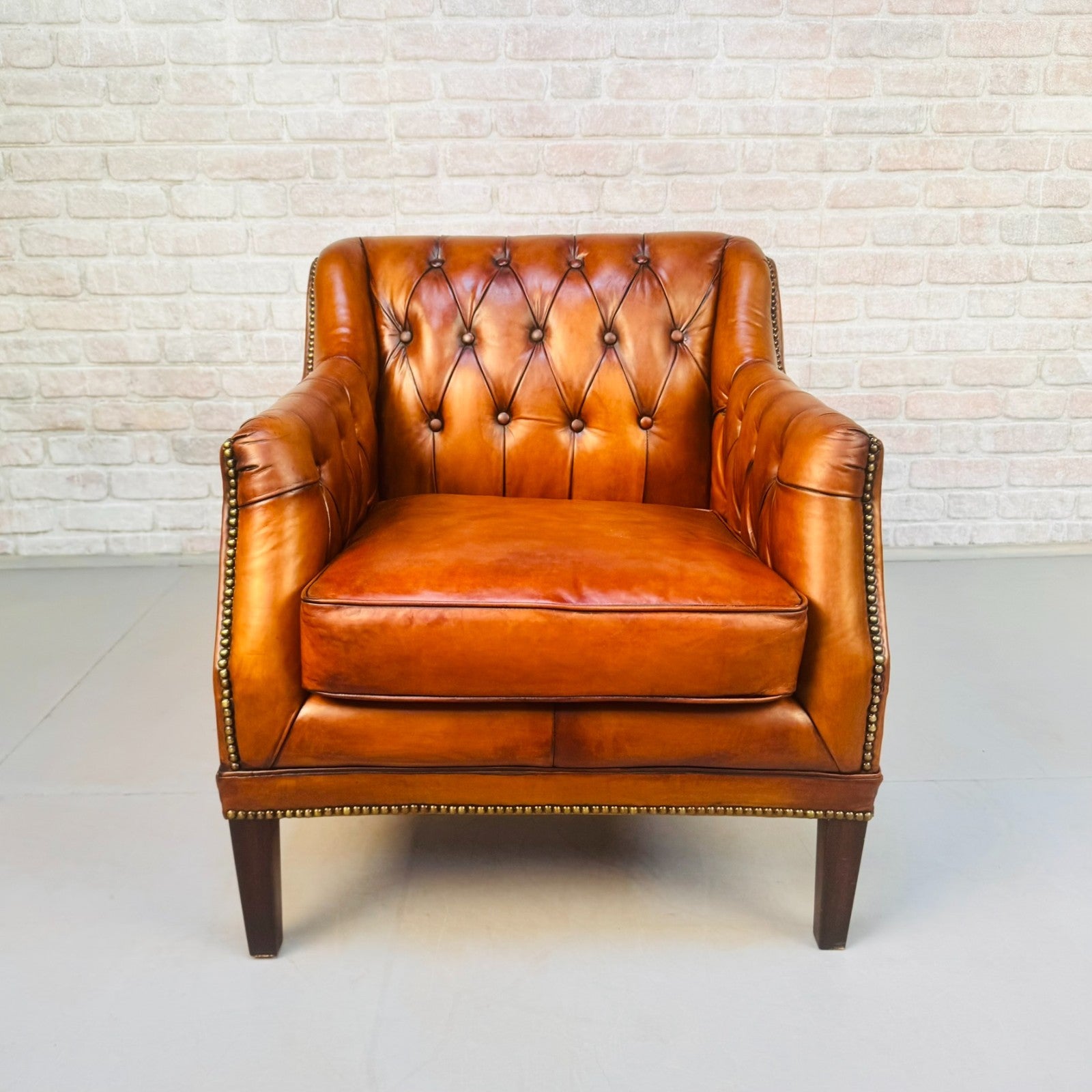 Vintage Chesterfield Armchair & Footstool Tan Leather Cognac Lounge Chair