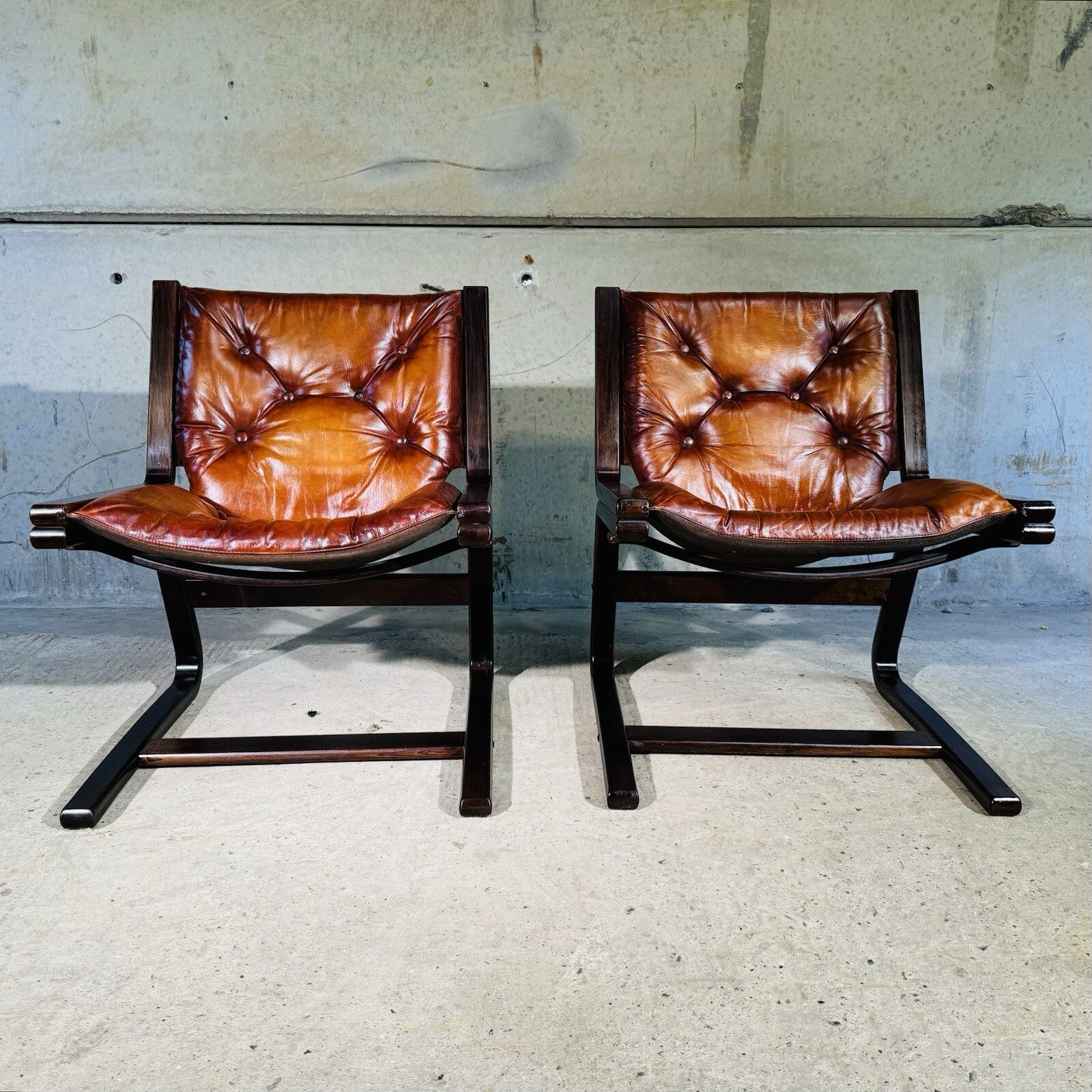 Vintage Pair of  Norwegian 1960s Cantilever Bentwood Chairs Tan Leather
