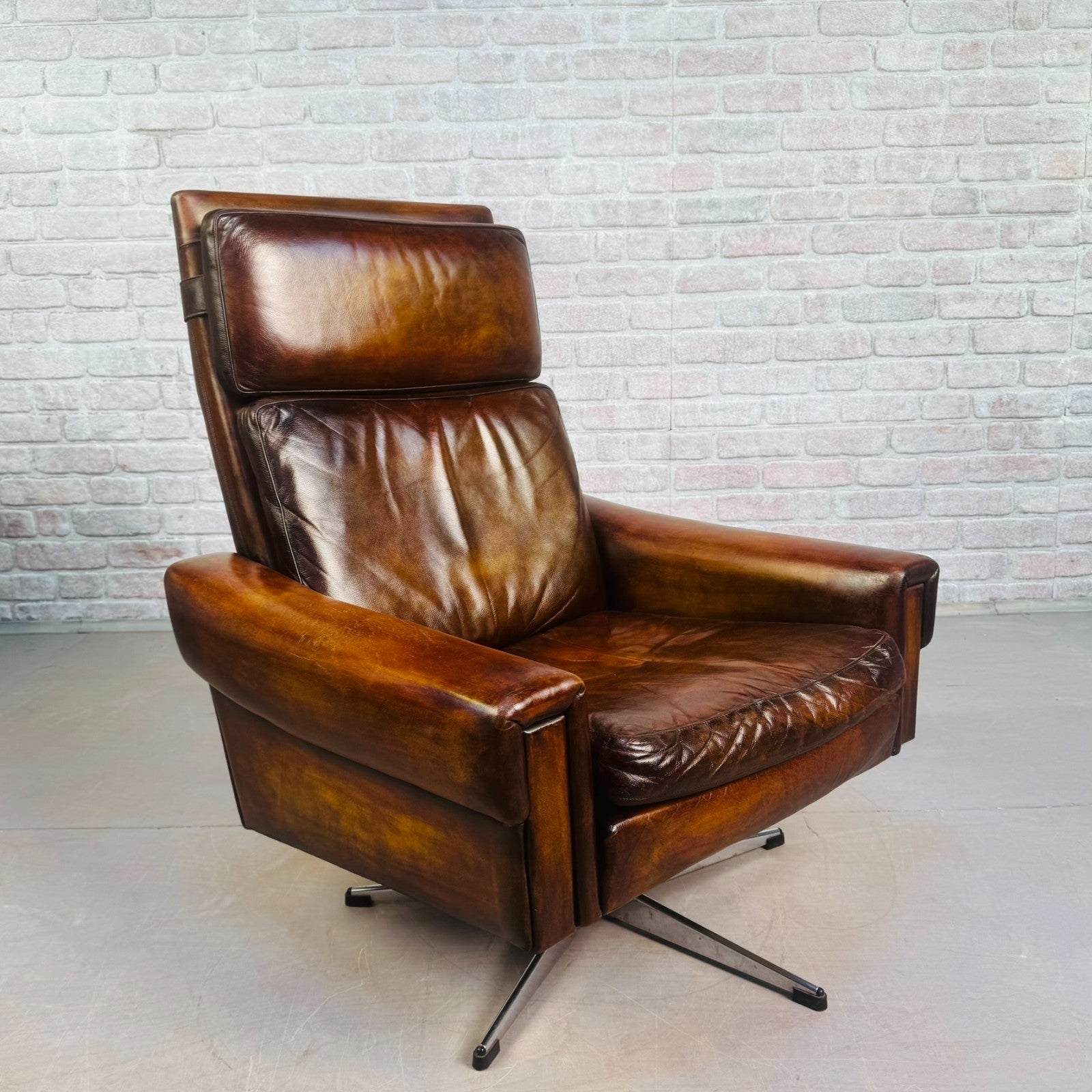 Vintage 1970s Danish Tan Leather Swivel Chair Mid Century Armchair