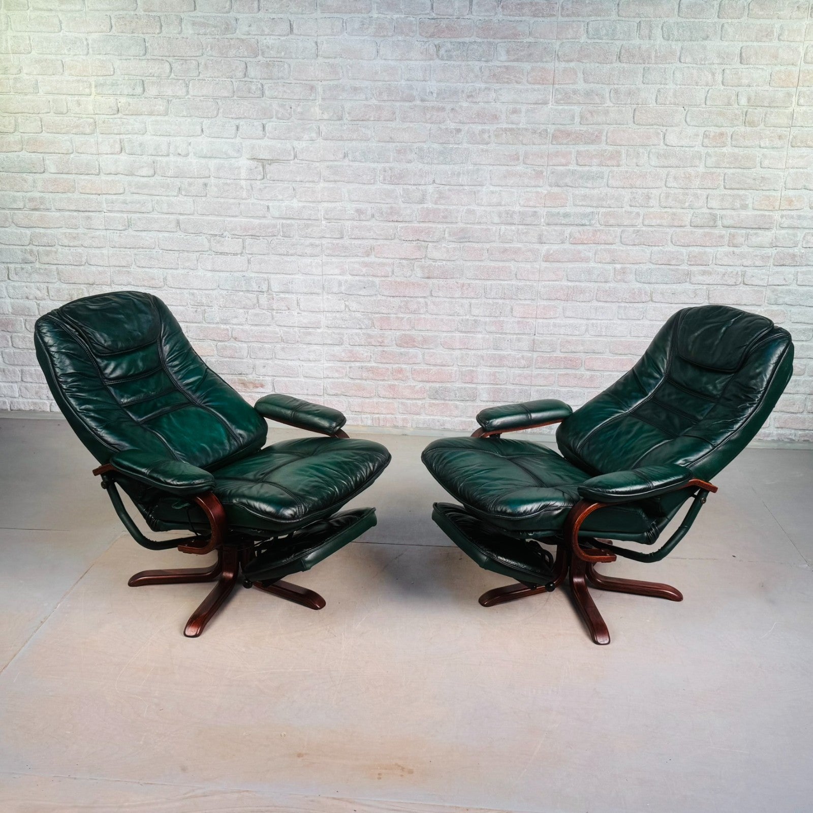 Vintage Pair of Norwegian Green Leather Reclining Swivel Chairs with Footstools