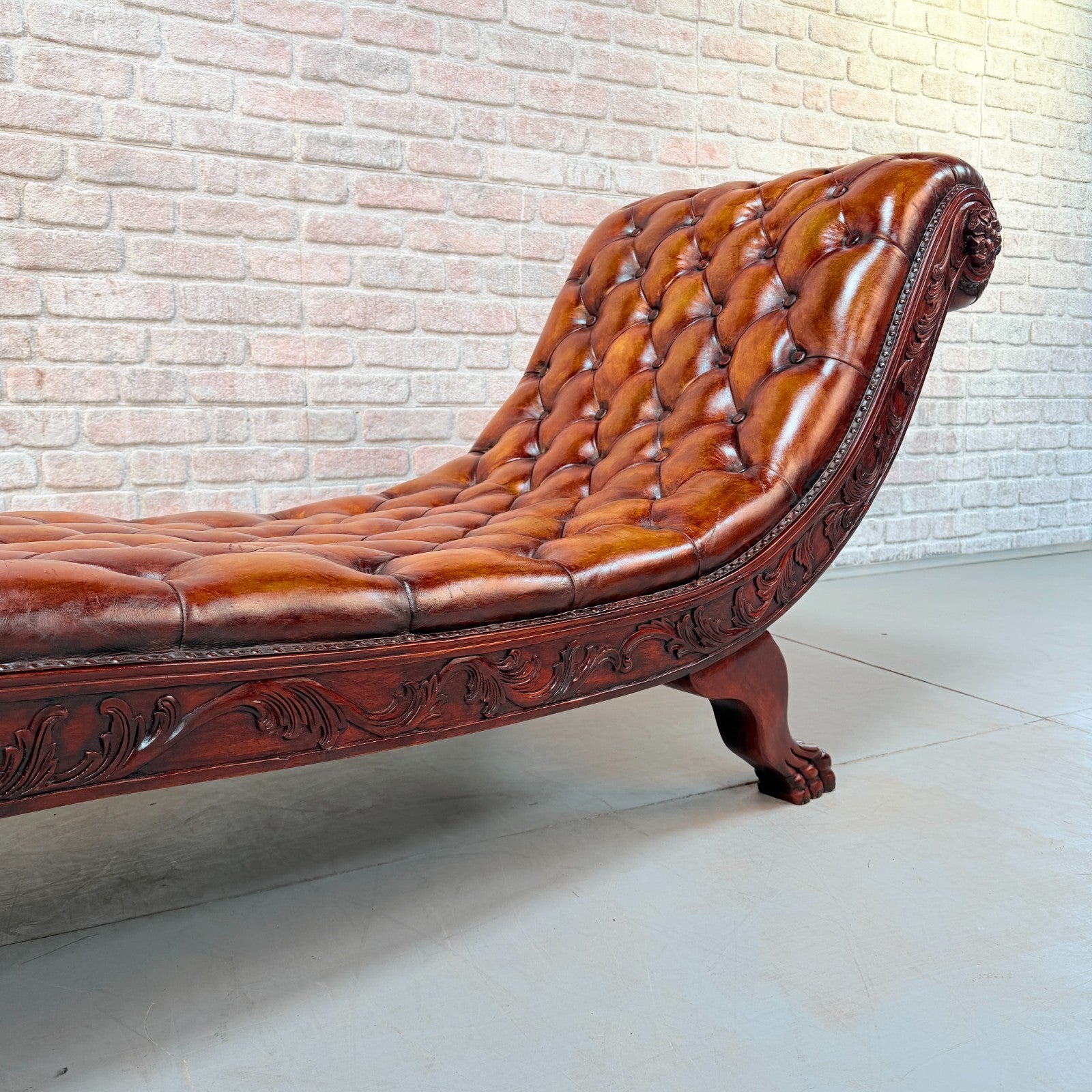 Decorative Chesterfield Style Tan Hand-Dyed Leather Chaise Lounge