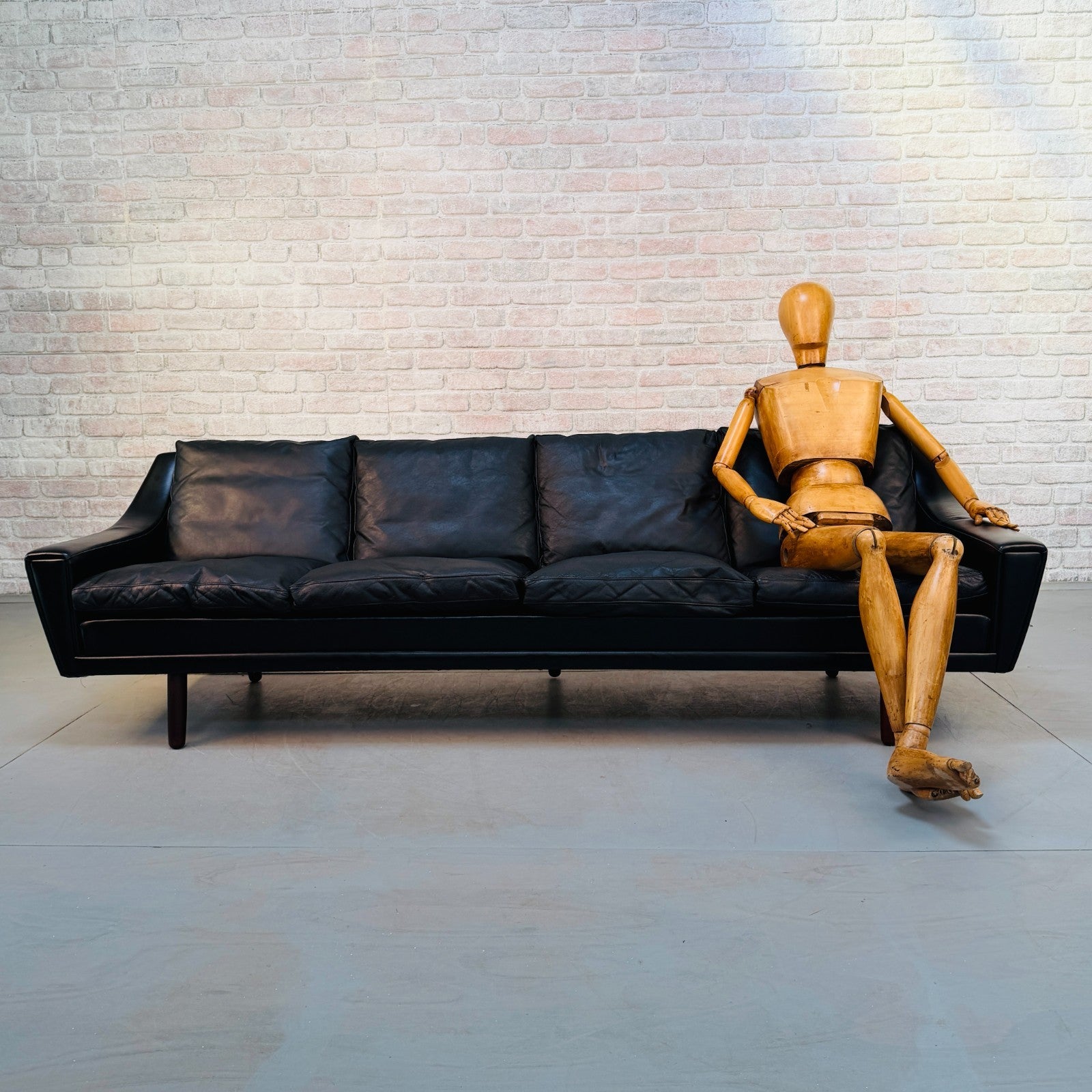 Vintage 1970s Danish George Thams Black Hand-Dyed Leather Four Seater Sofa