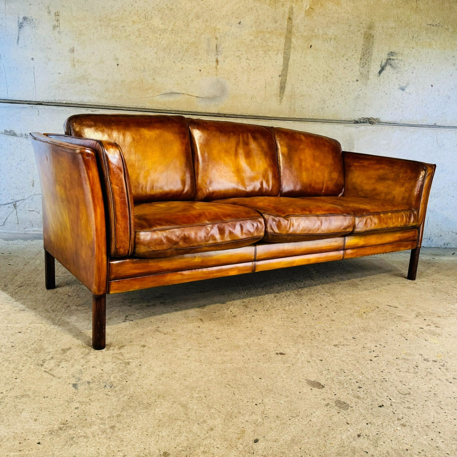 Long 1970s Danish Vintage Mogens Hansen Tan Leather Three-Seater Sofa
