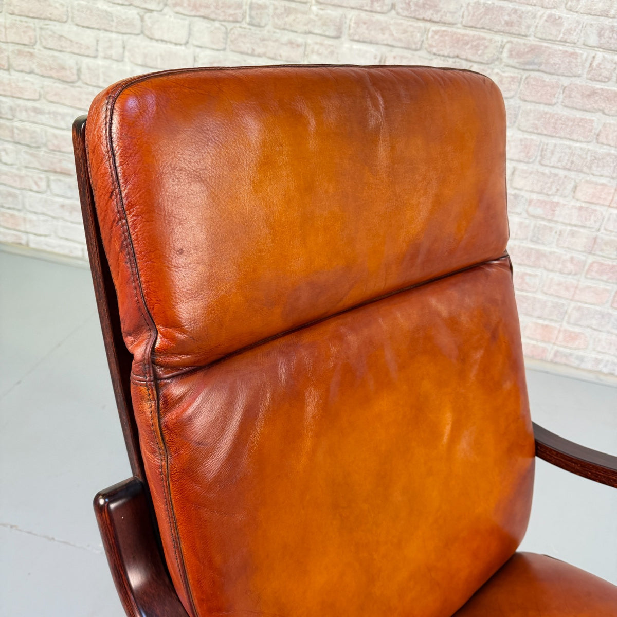 Vintage Danish Stouby Cognac Tan Leather Lounge Armchair Bentwood Beech Frame