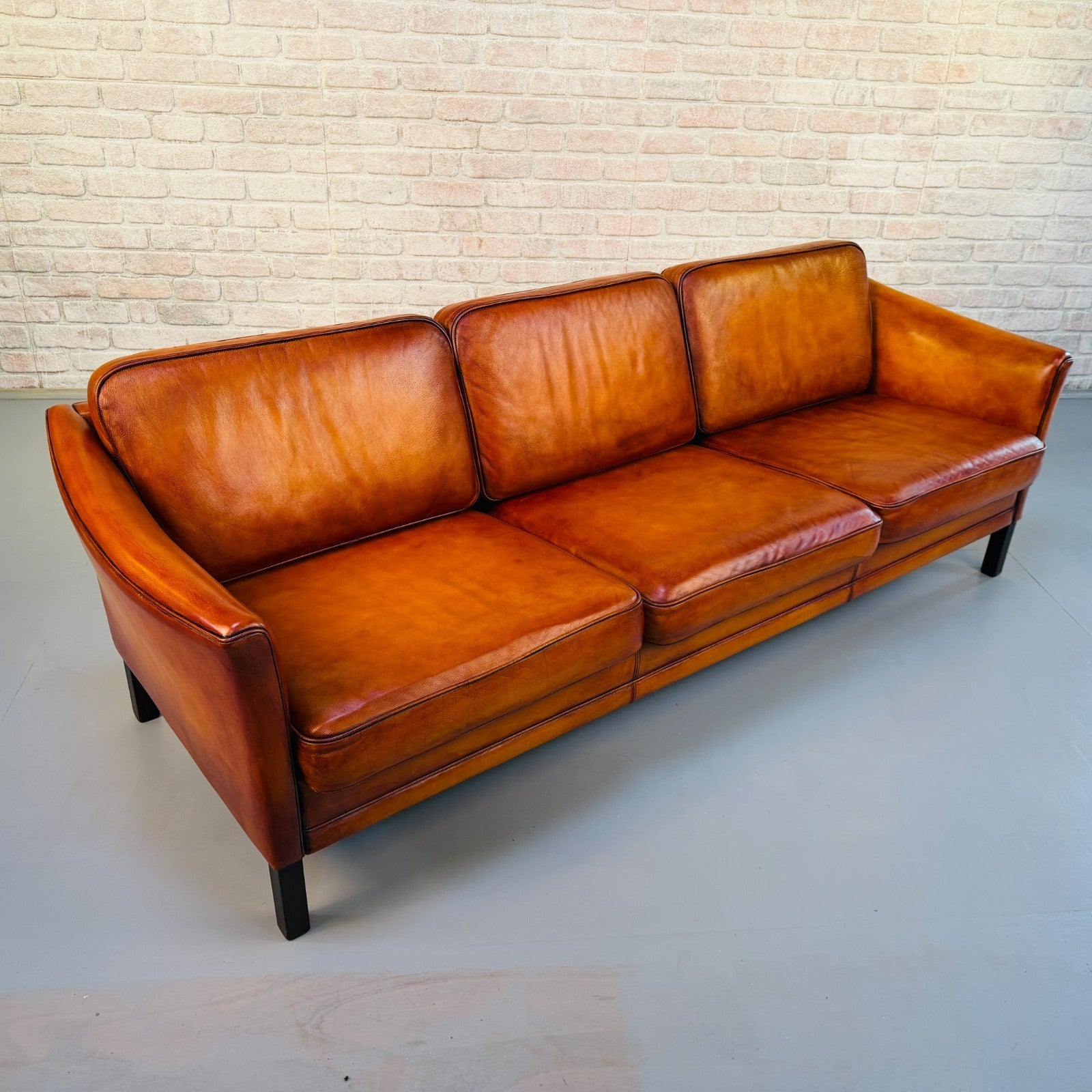 Vintage 1970s Danish Mogens Hansen Long Tan Leather Three Seater Sofa