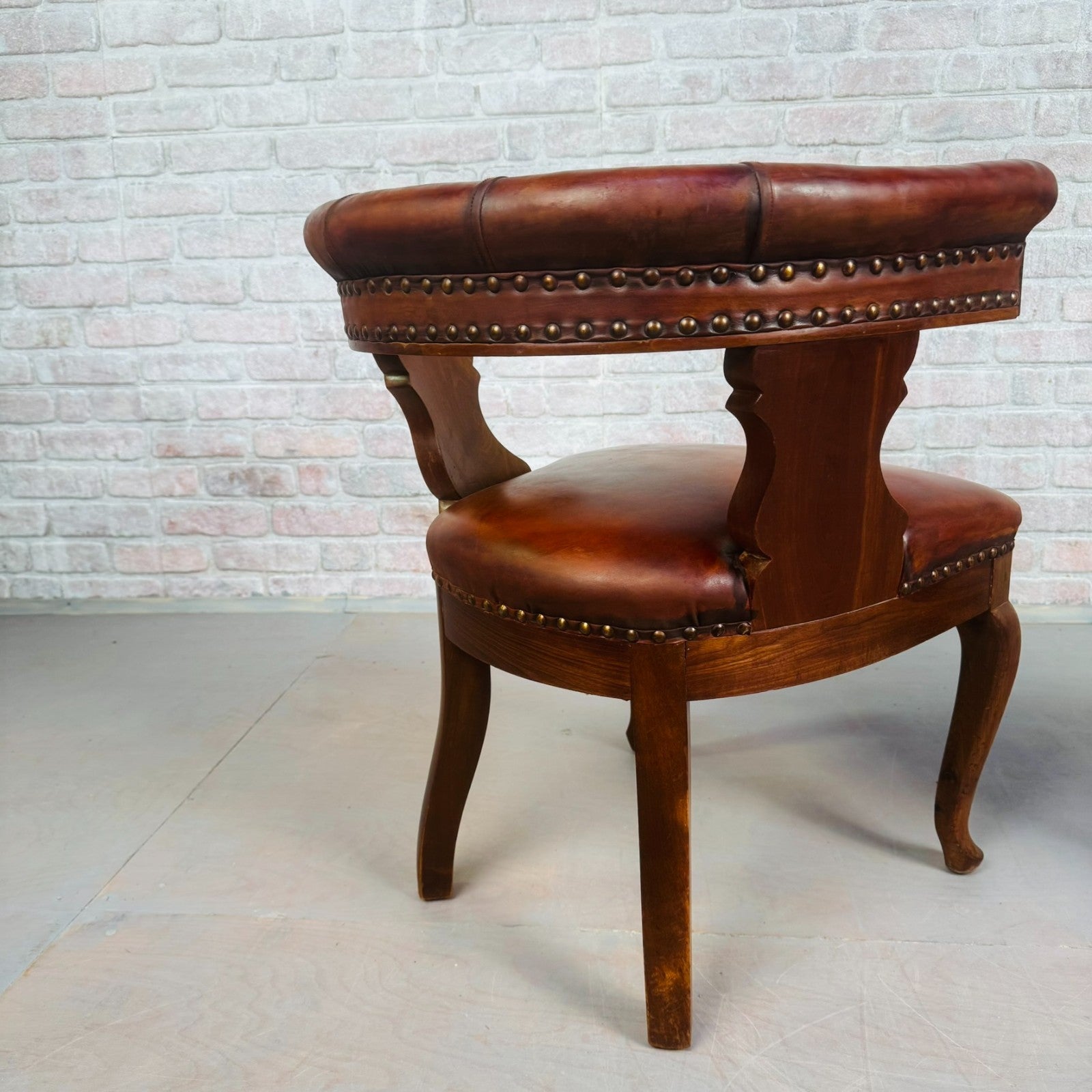 Pair of 40s Antique Danish Tan Leather Partner’s Desk Chairs Walnut Frame
