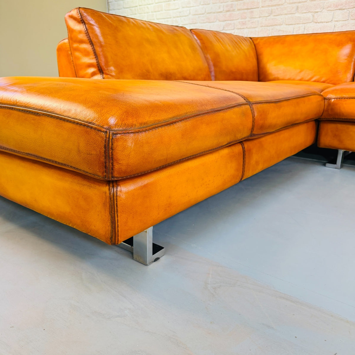 Roche Bobois Hand Dyed Cognac Leather Light Tan Corner Sofa Chaise