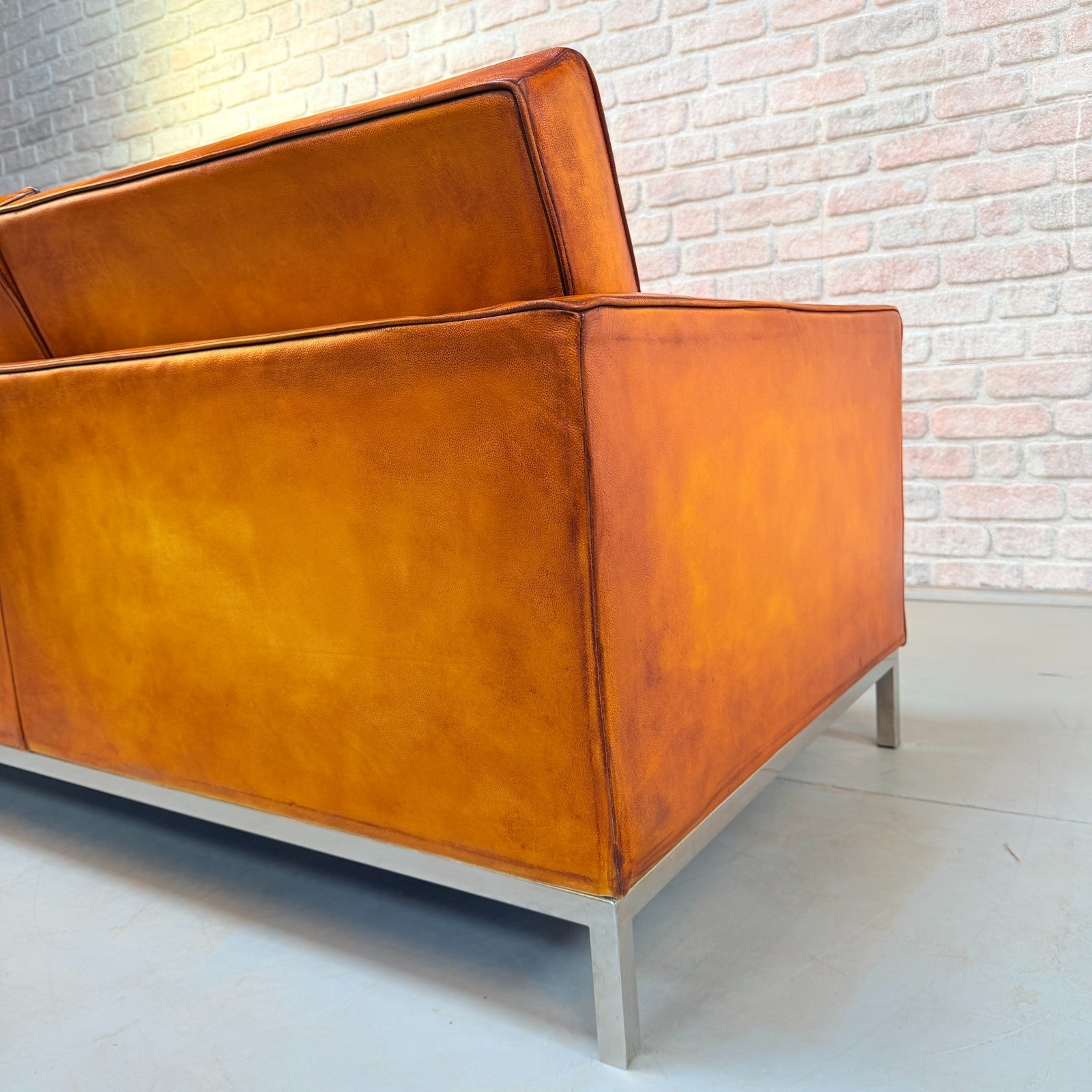 Vintage Florence Knoll Style Tan Leather Two Seater Sofa