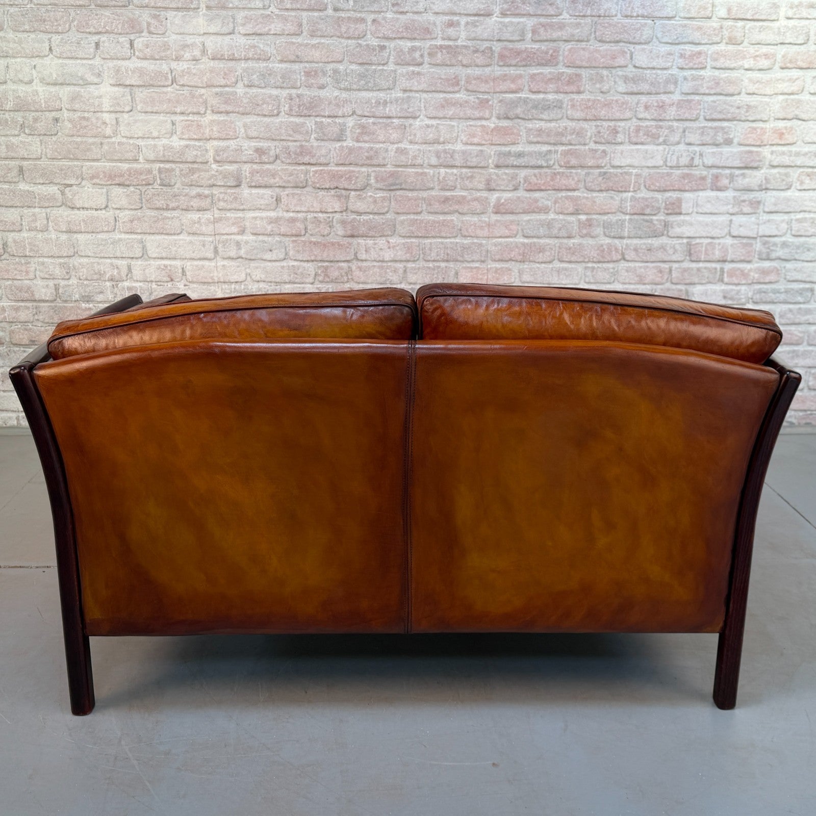 Vintage Danish Stouby Tan Hand-Dyed Leather Two Seater Sofa