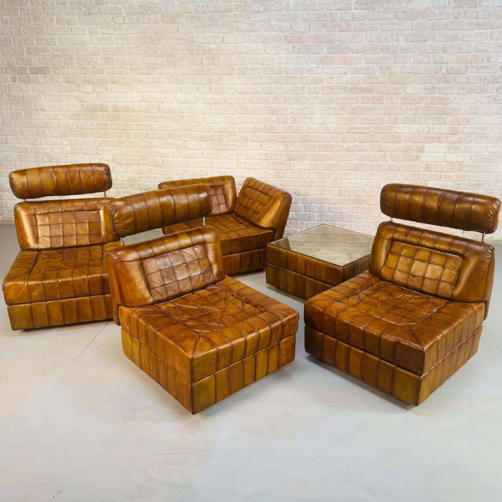 Rare Percival Lafer 60s Modular Sofa 4 Sections & Glass Top Table Tan Leather