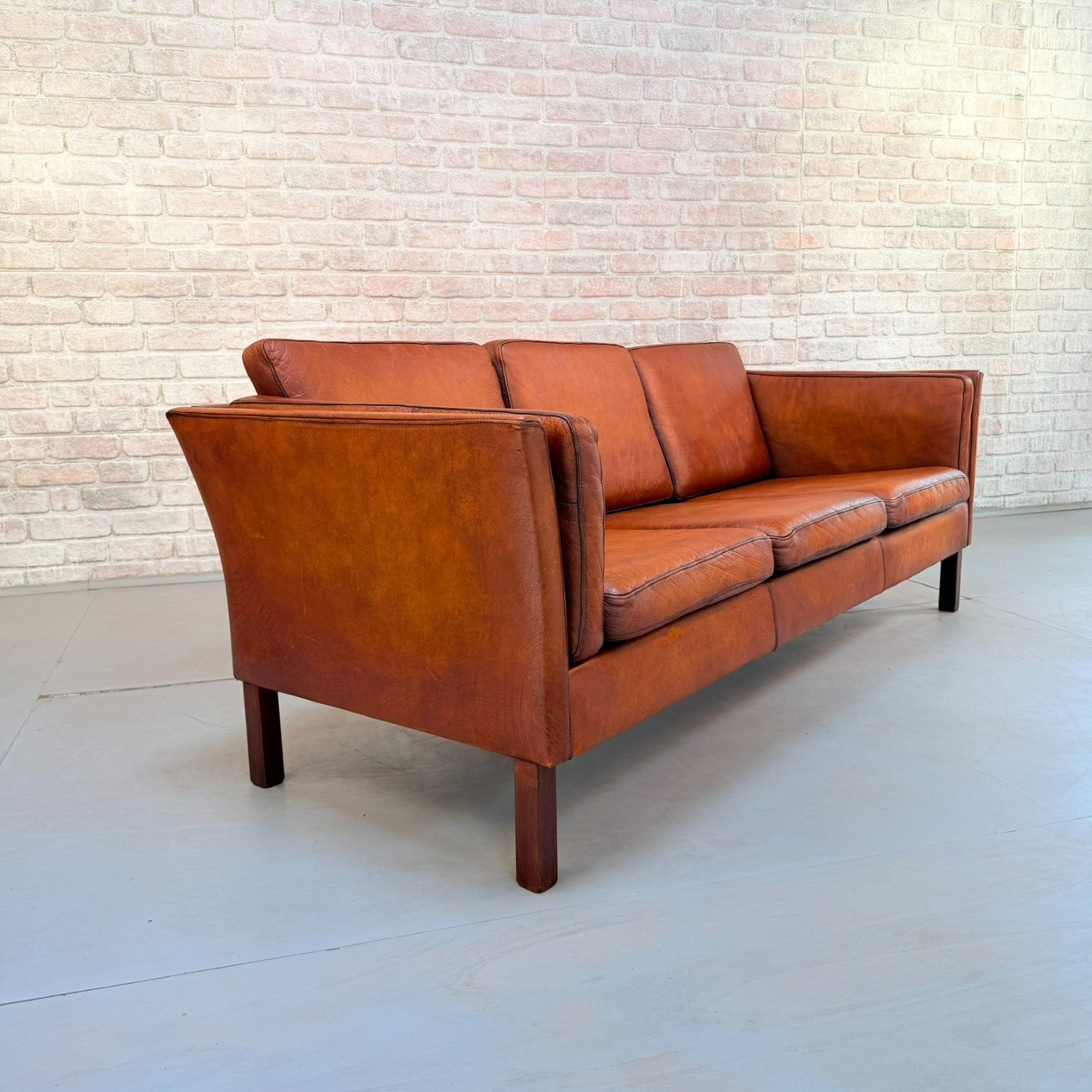 Vintage 1970s Danish Tan Leather 3 Seater Sofa Hand Dyed Buffalo Leather