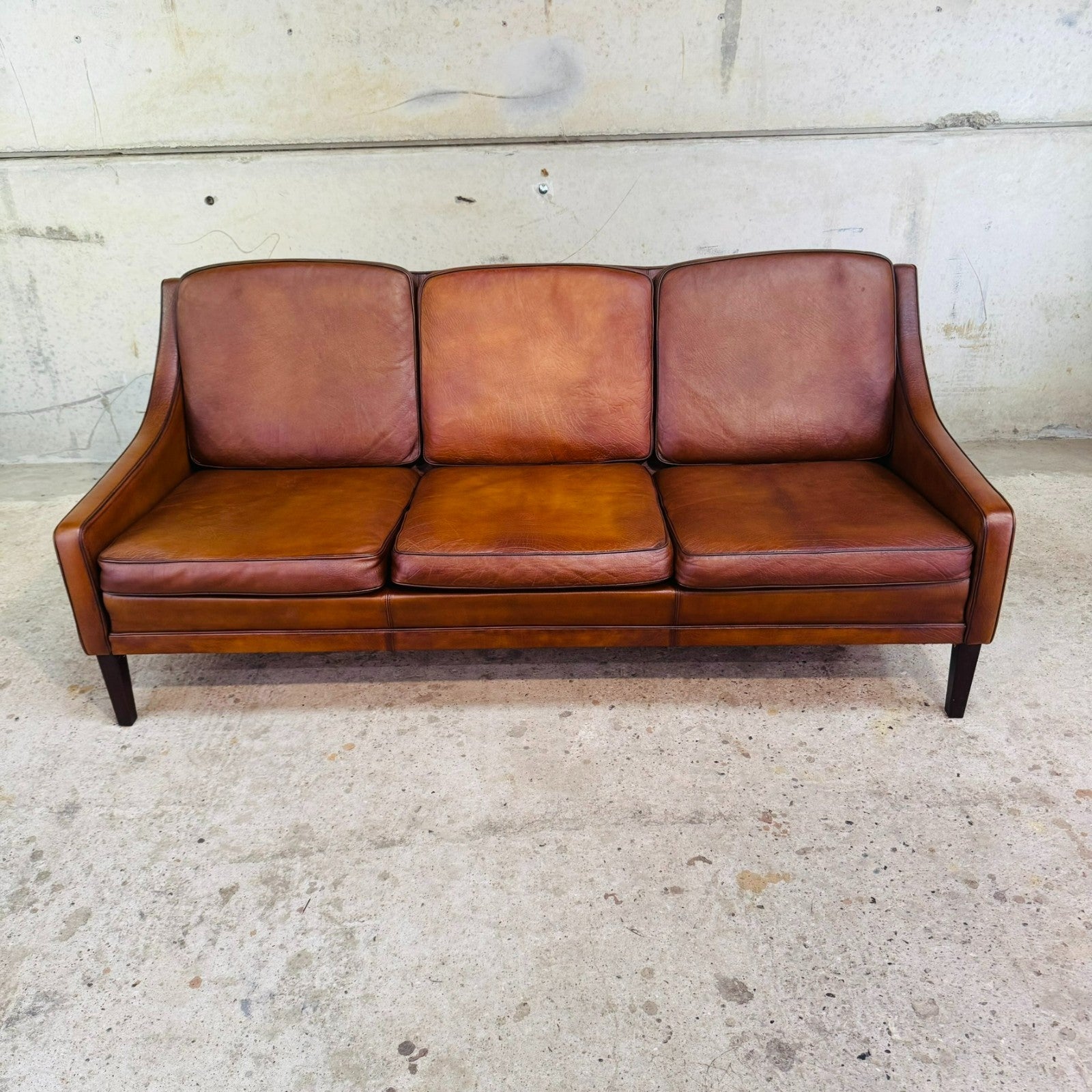 Vintage 1960s Danish Tan Leather Three-Seater Sofa