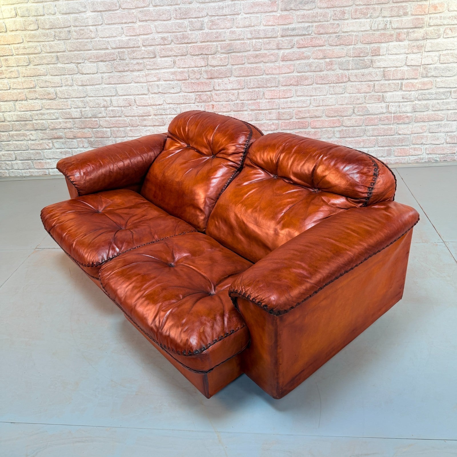 Vintage 70s De Sede DS-101 Two Seater Sofa & Footstool Cognac Leather Switzerlan