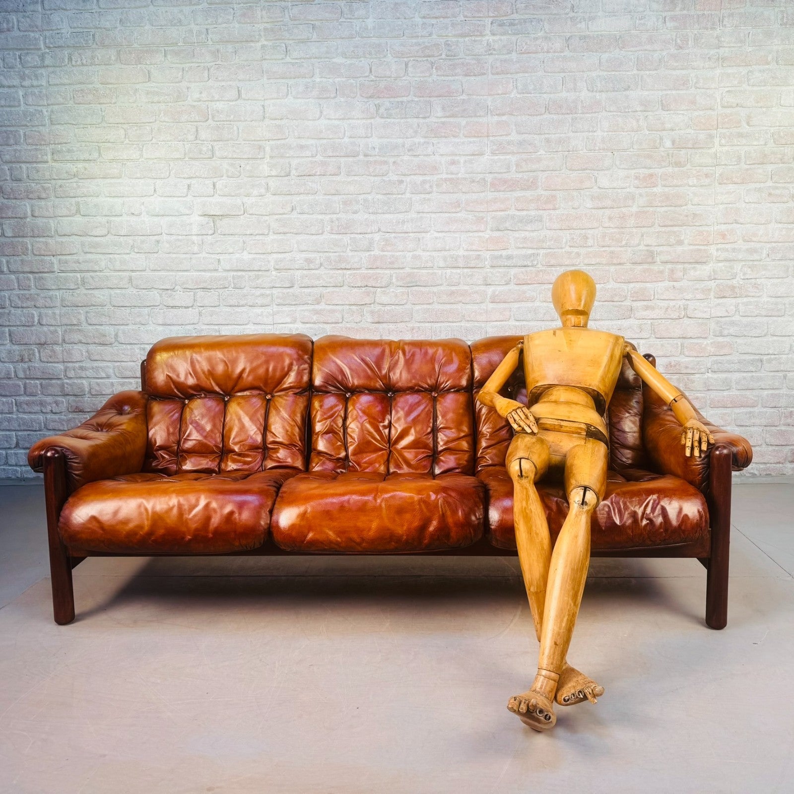 Long Vintage Swedish Tan Leather Three Seater Sofa