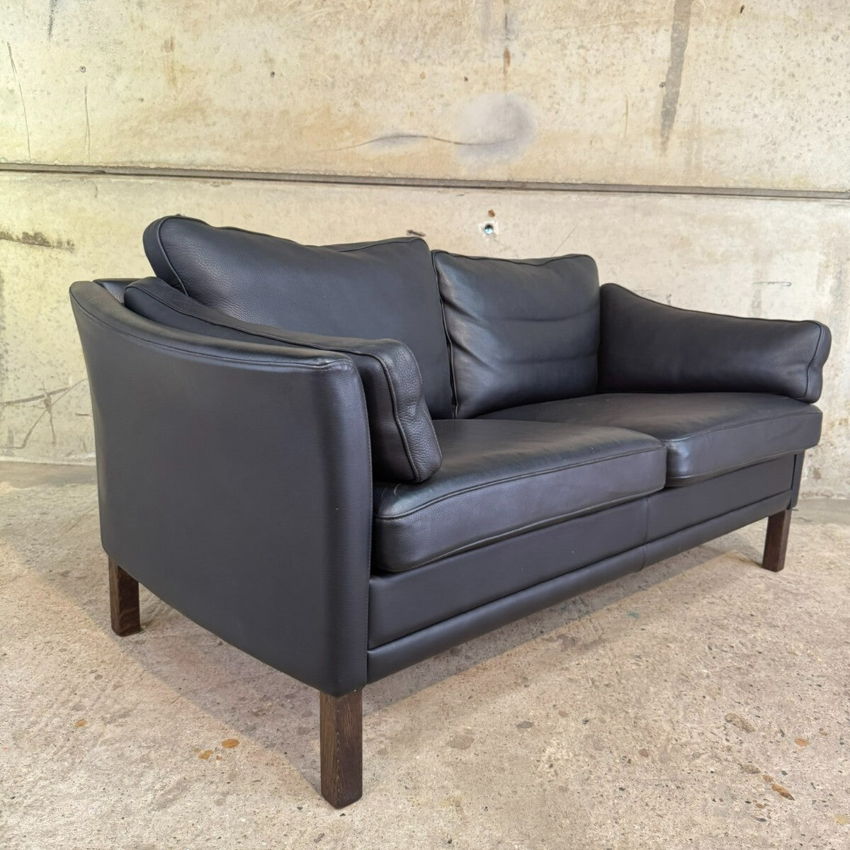 Vintage Danish Mogens Hansen Two-Seater Black Leather Sofa