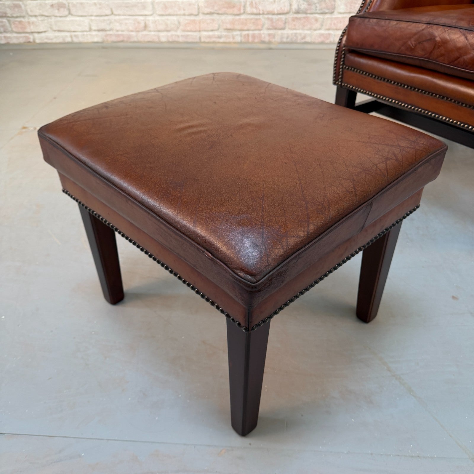 Vintage Danish Dark Tan Hand-Dyed Leather Wingback Chair & Matching Footstool