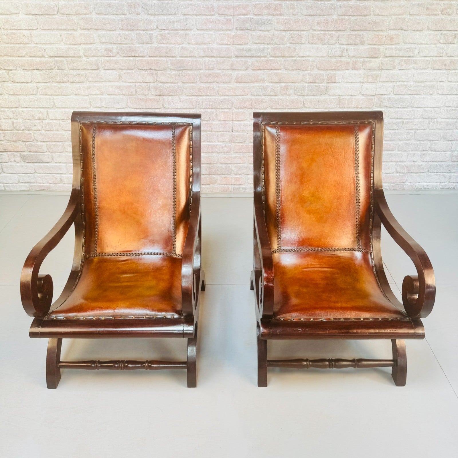 Vintage Danish Pair of Tan Leather Slipper Lounge Armchairs Mahogany Frame 1970s