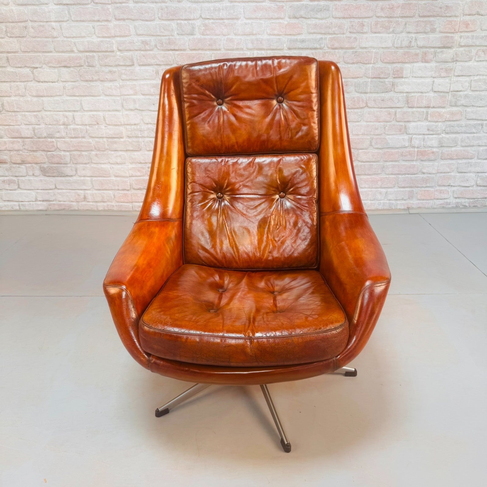 Vintage 1970s Danish Swivel Tan Leather Egg Chair Armchair