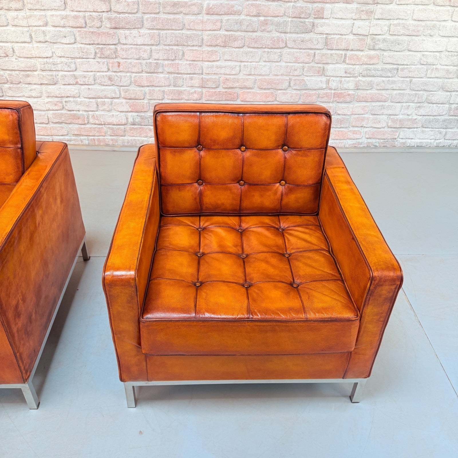 Vintage Pair of Florence Knoll Style Tan Leather Armchairs