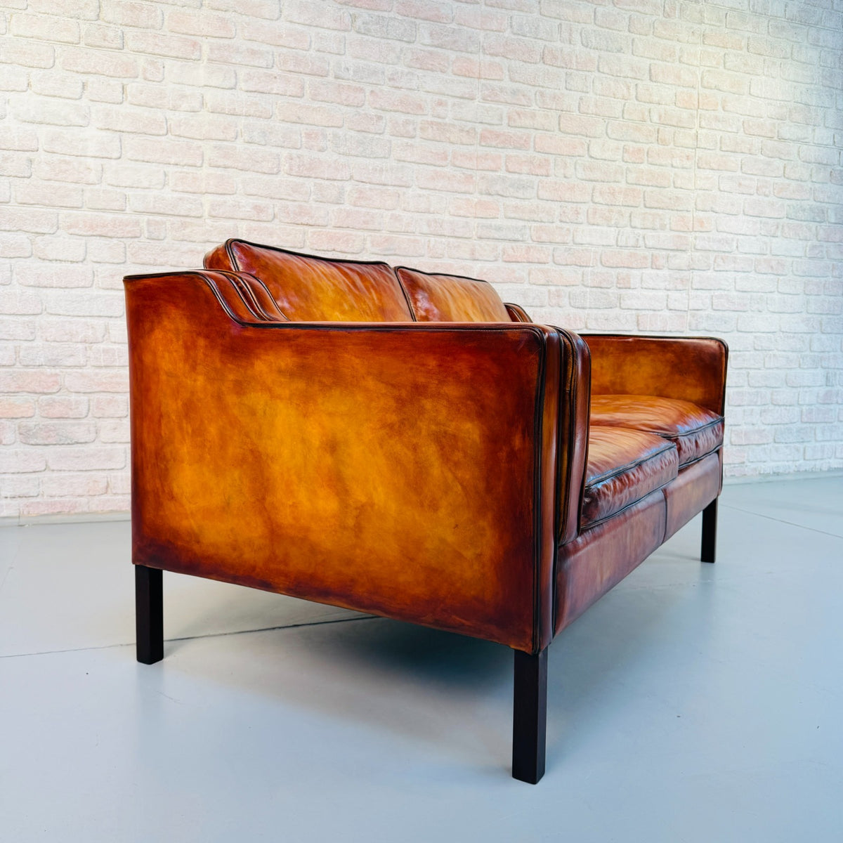 Vintage Stouby Borge Mogensen Style Tan Leather 2 Seater Danish Sofa