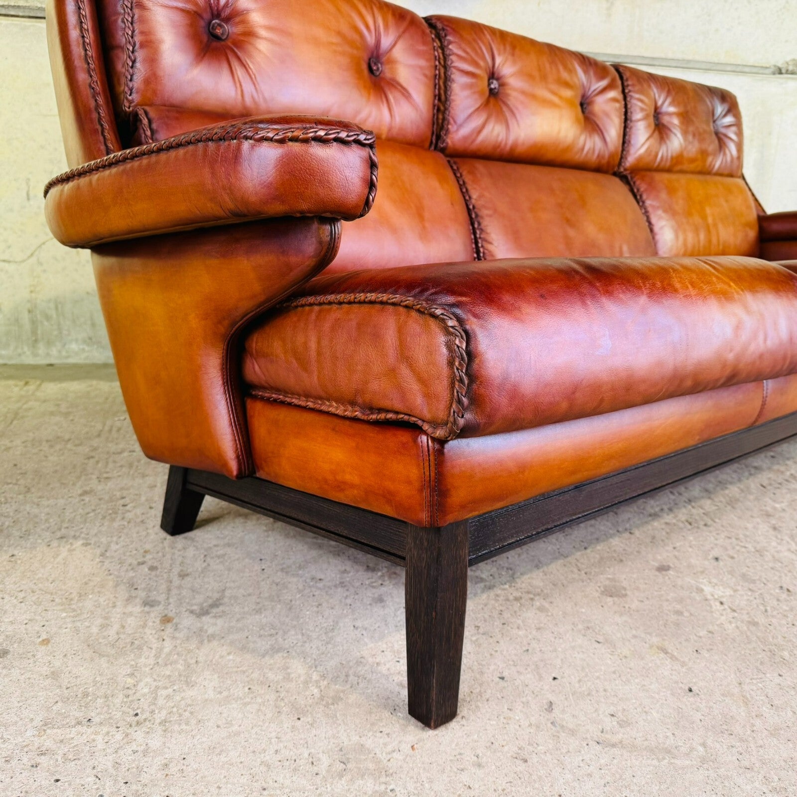 1970s Vintage Danish Long Three-Seater Cognac Leather Sofa – High Back