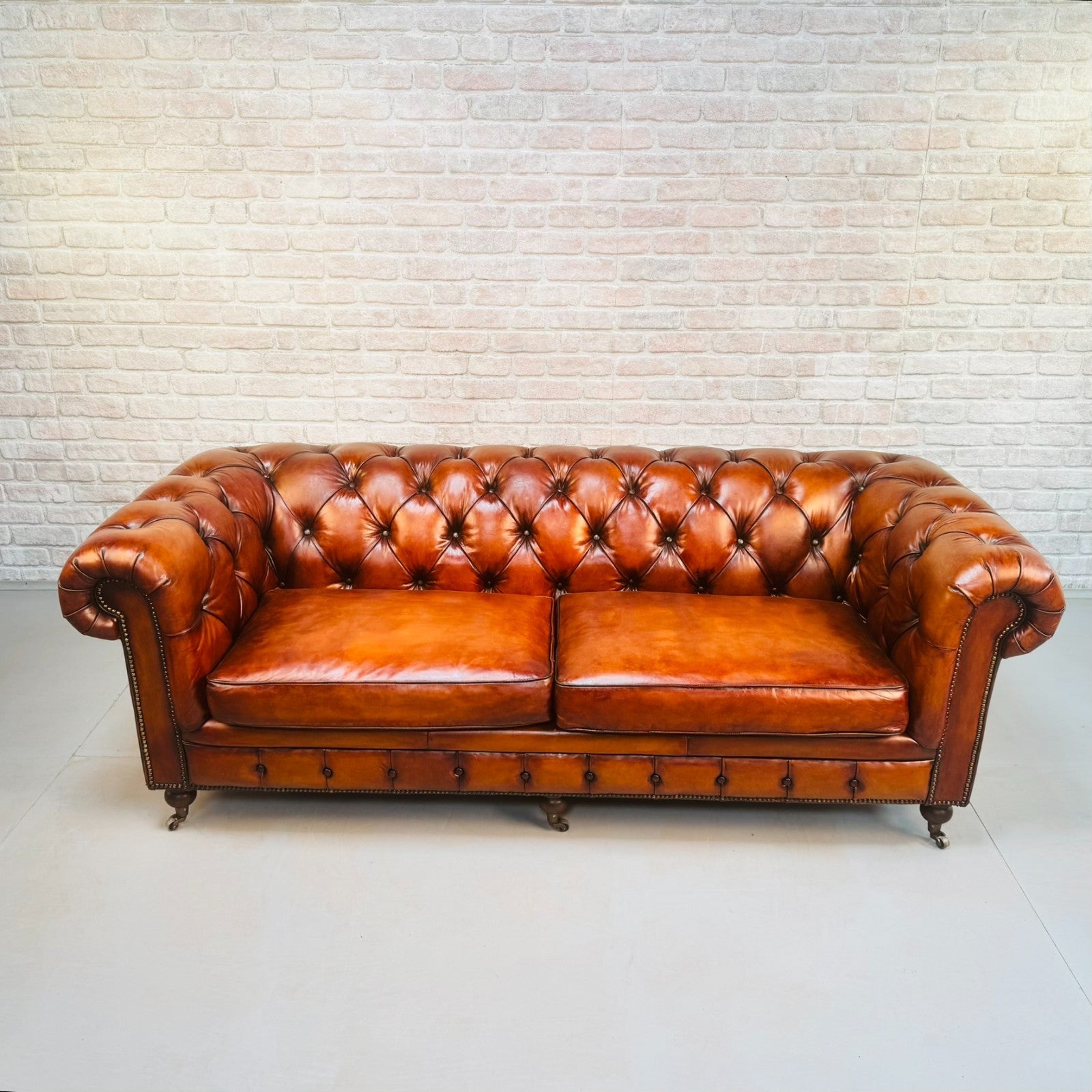 Vintage English Three Seater Tan Leather Chesterfield Sofa