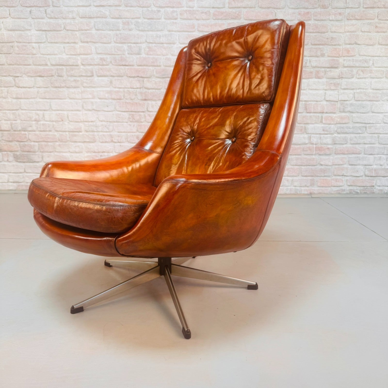Vintage 1970s Danish Swivel Tan Leather Egg Chair Armchair