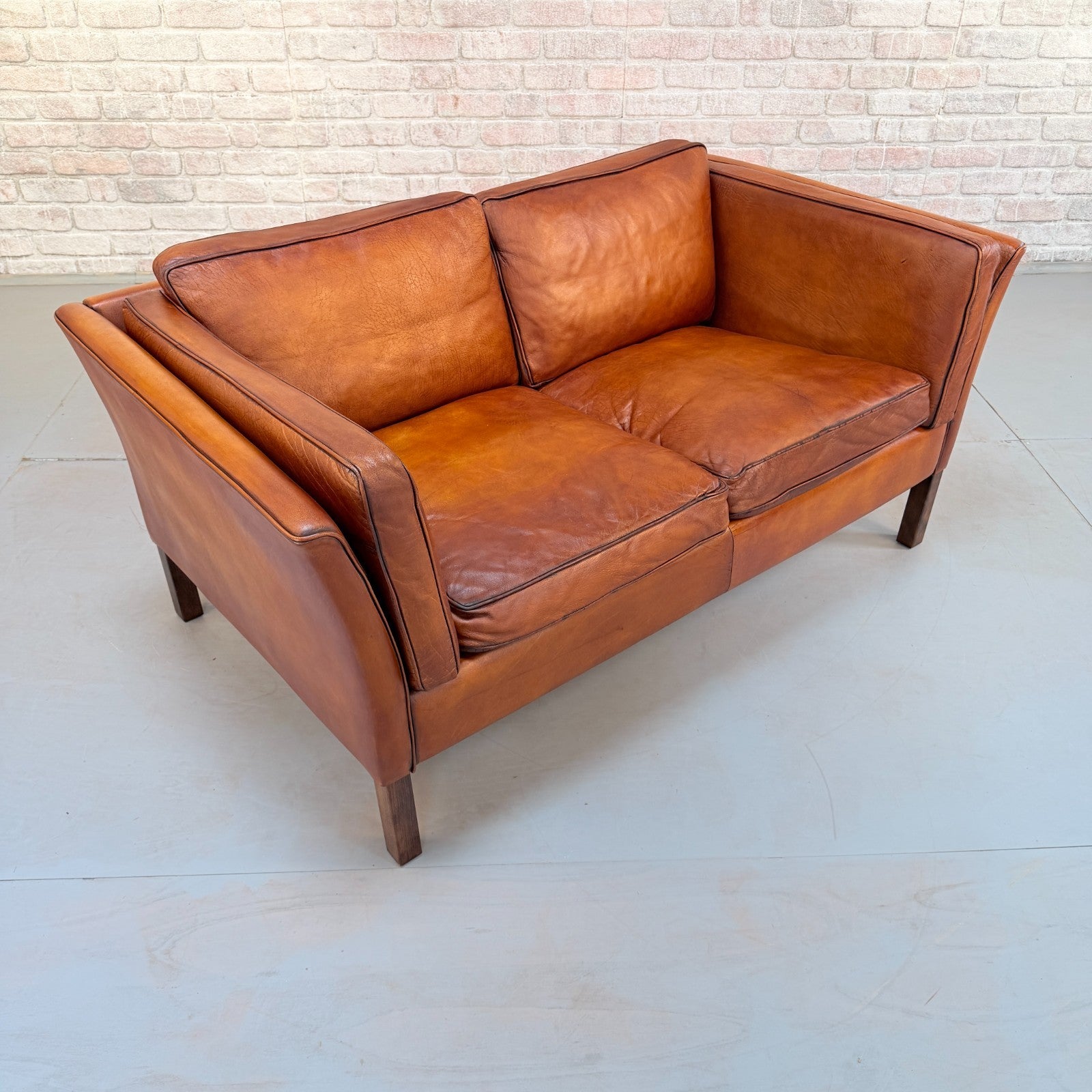 Vintage Danish Tan Leather 2 Seater Sofa Hand Dyed Buffalo Leather Patina