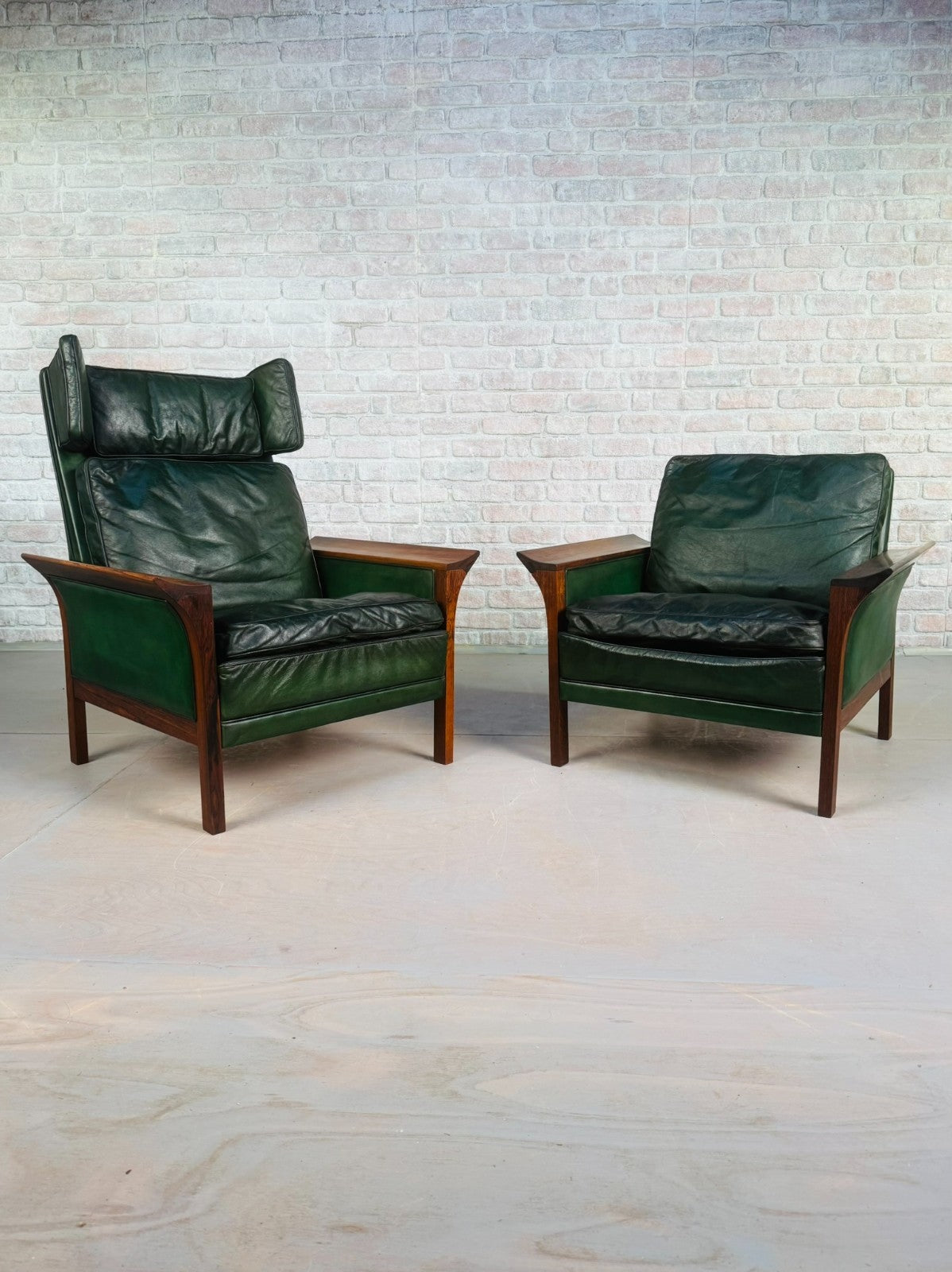 1960s Danish Green Leather Three-Seater Sofa & His & Hers Armchairs Golstrup