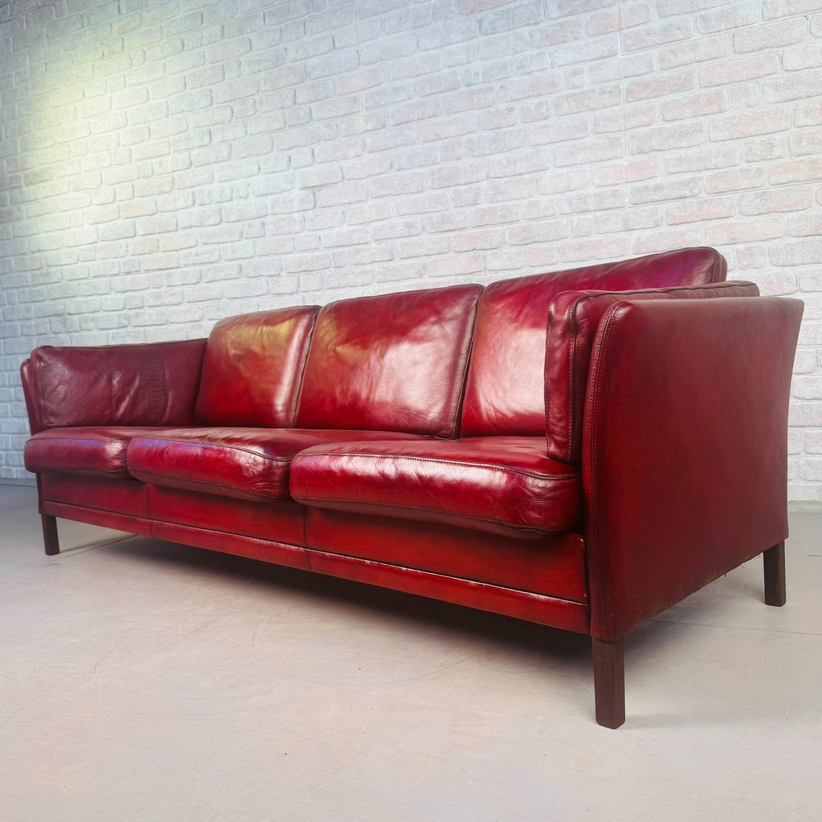 Vintage 1970s Mogens Hansen Danish Red Leather Three-Seater Sofa Mid Century