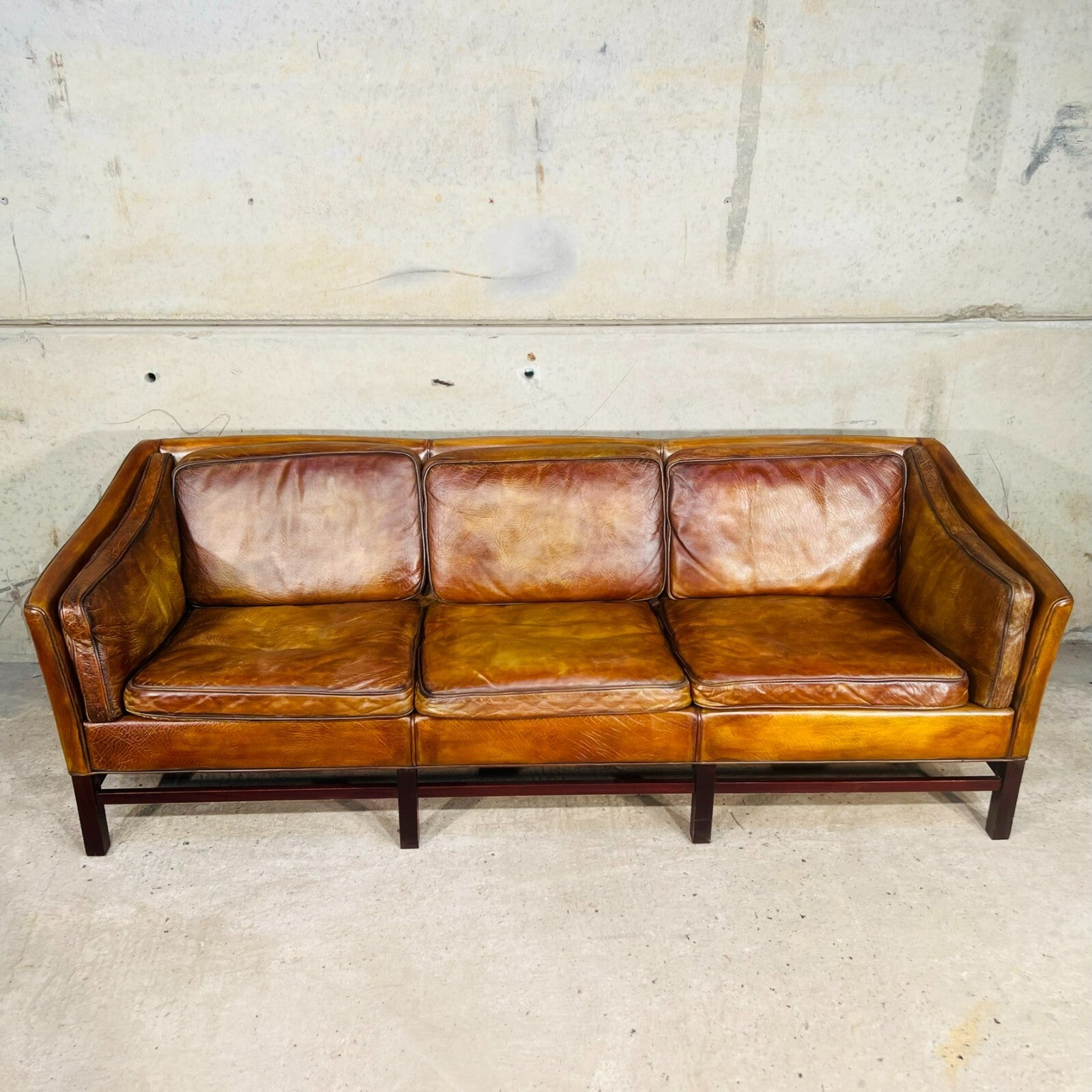Vintage Erik Jorgensen 70s Danish Tan Three-Seater Leather Sofa