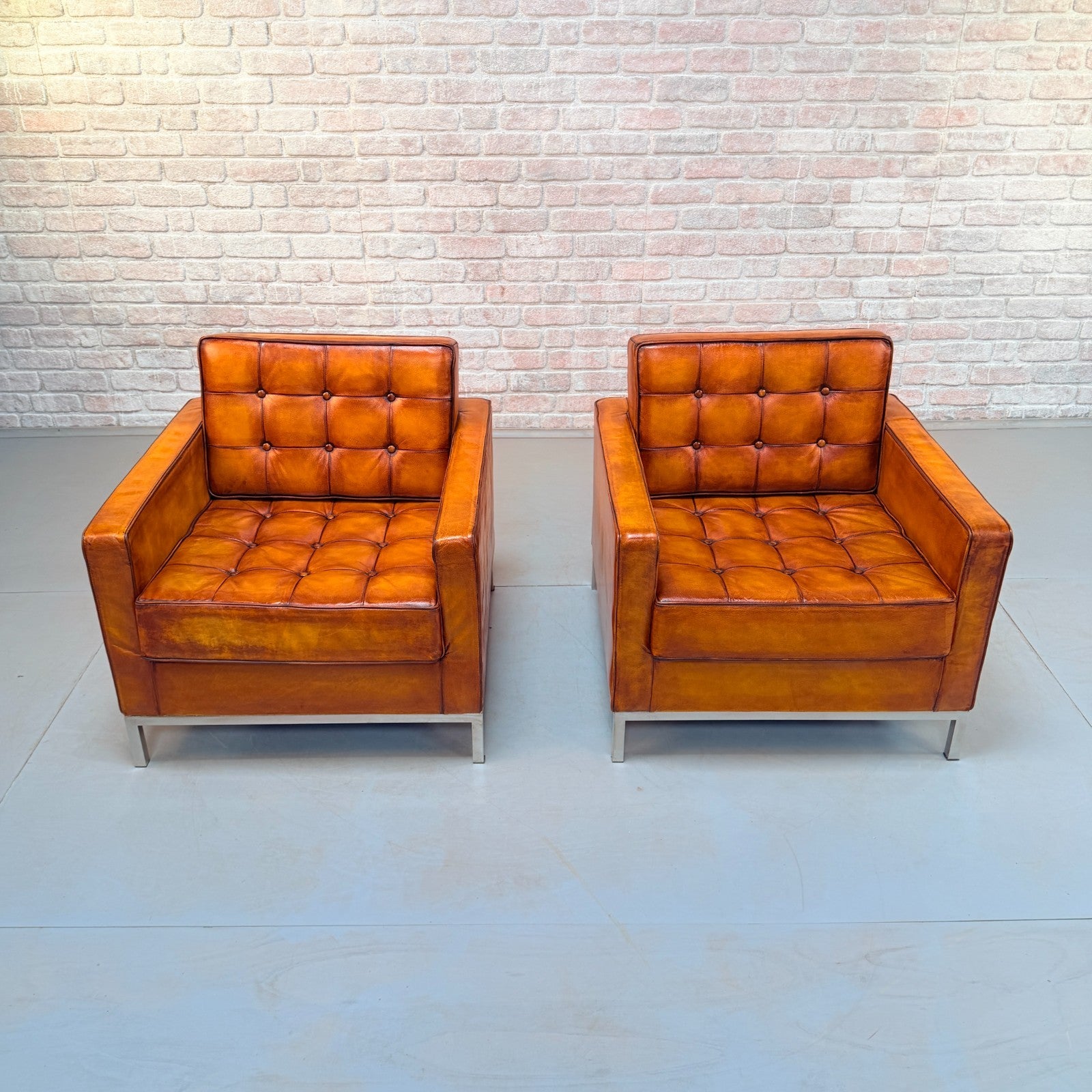 Vintage Pair of Florence Knoll Style Tan Leather Armchairs