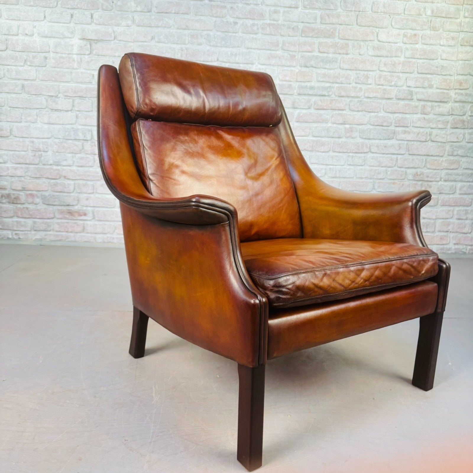 Vintage 1960s Aage Christiansen High Back Tan Leather Armchair