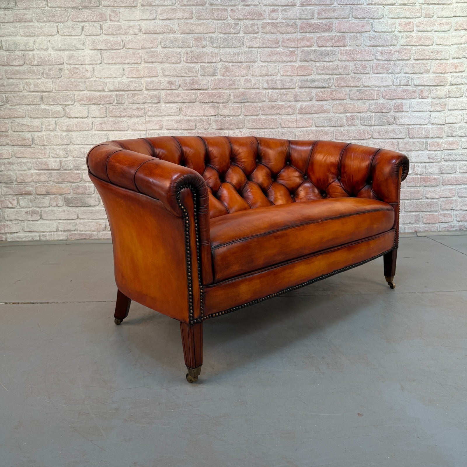 Vintage Neat Chesterfield Tan Hand-Dyed Leather Two Seater Sofa