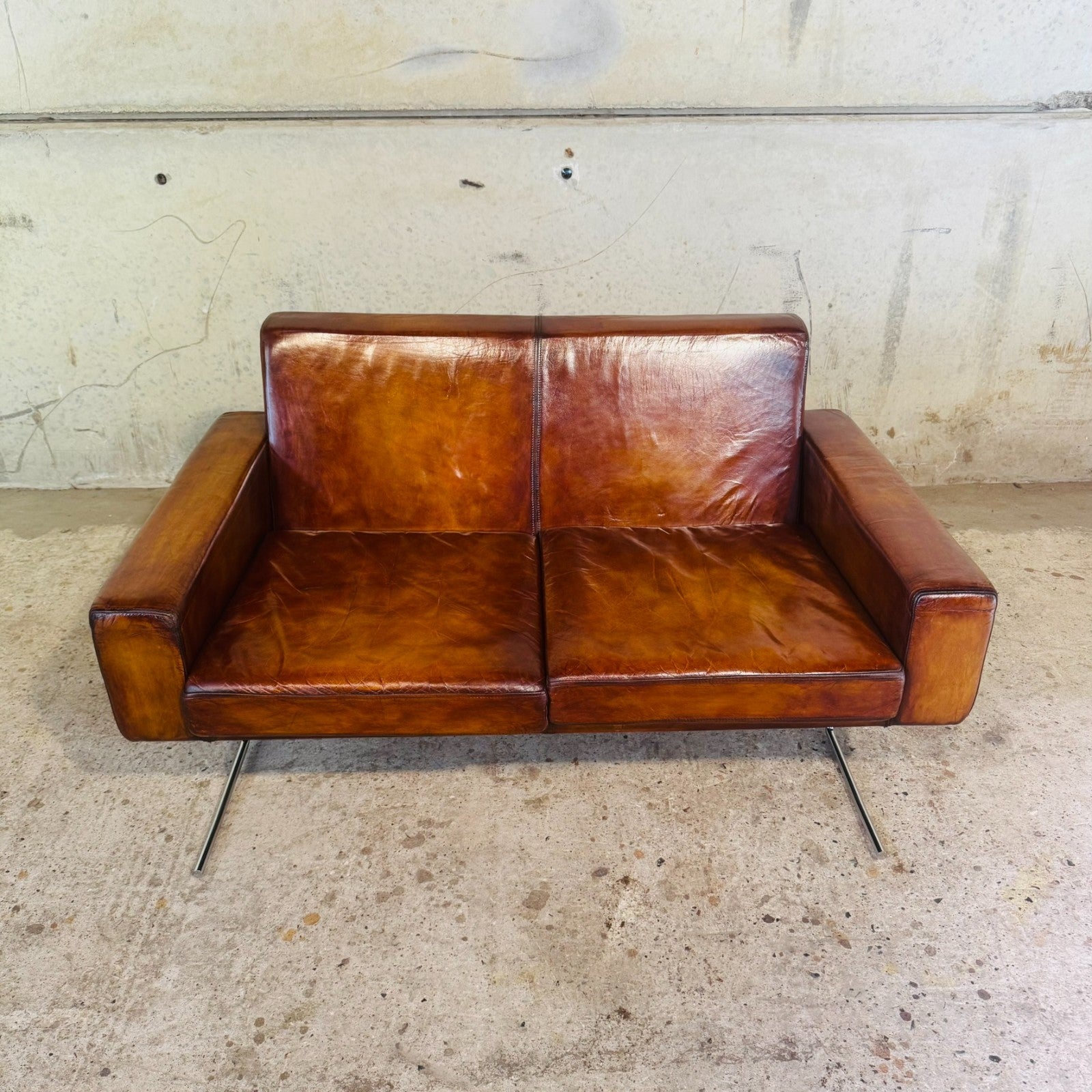 Vintage Danish Mid-Century Tan Leather Two-Seater Sofa by Danerka