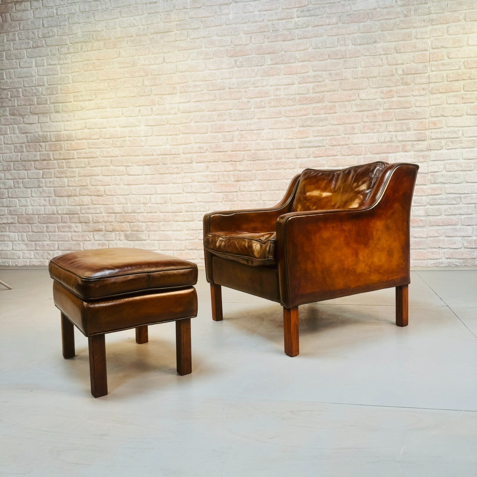 Vintage Danish Børge Mogensen Style Tan Leather Armchair & Footstool