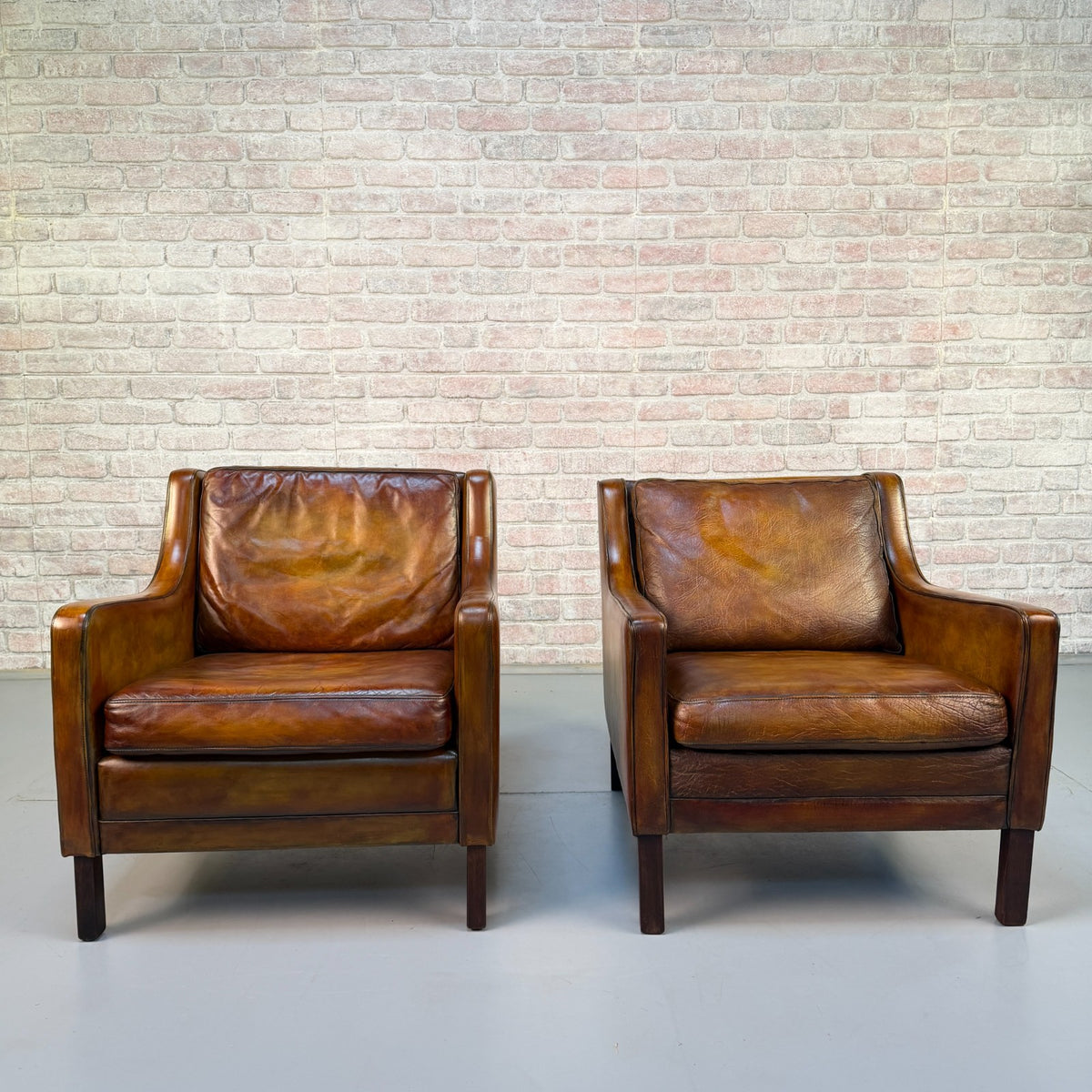 Near Pair Vintage 1970s Mogens Hansen Tan Leather Armchairs Danish Design