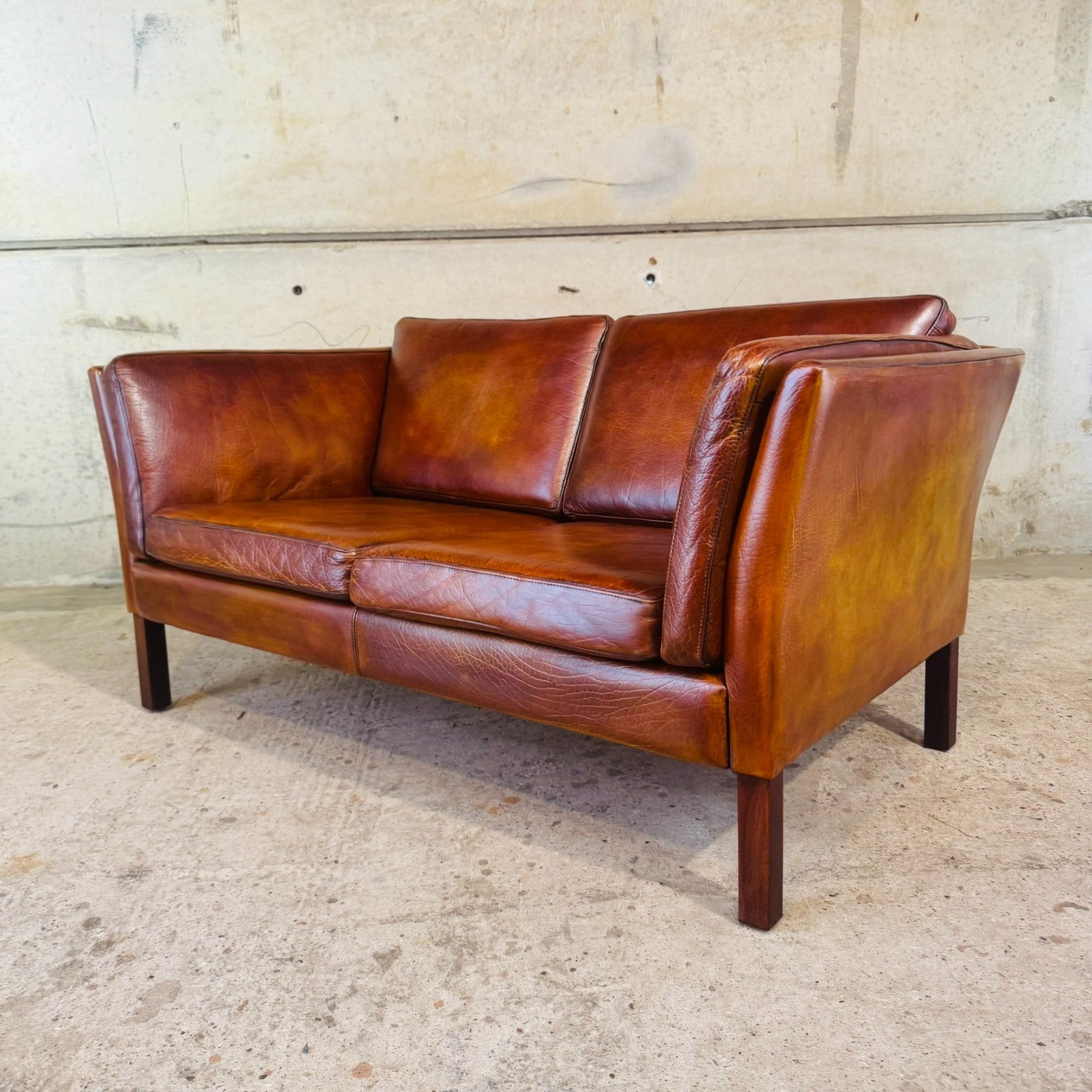 Vintage Danish Tan Leather 2 Seater Sofa — Neat Proportions