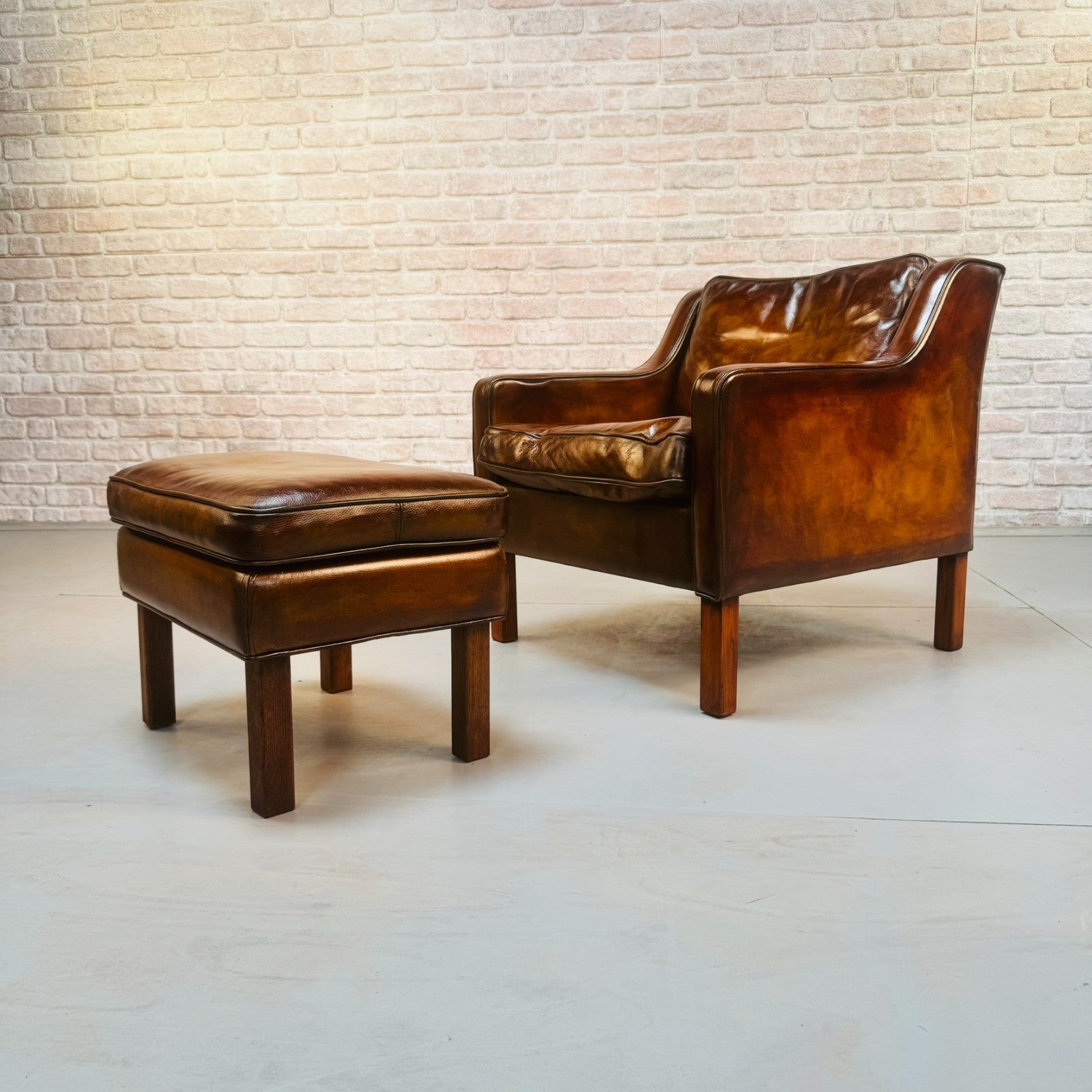Vintage Danish Børge Mogensen Style Tan Leather Armchair & Footstool