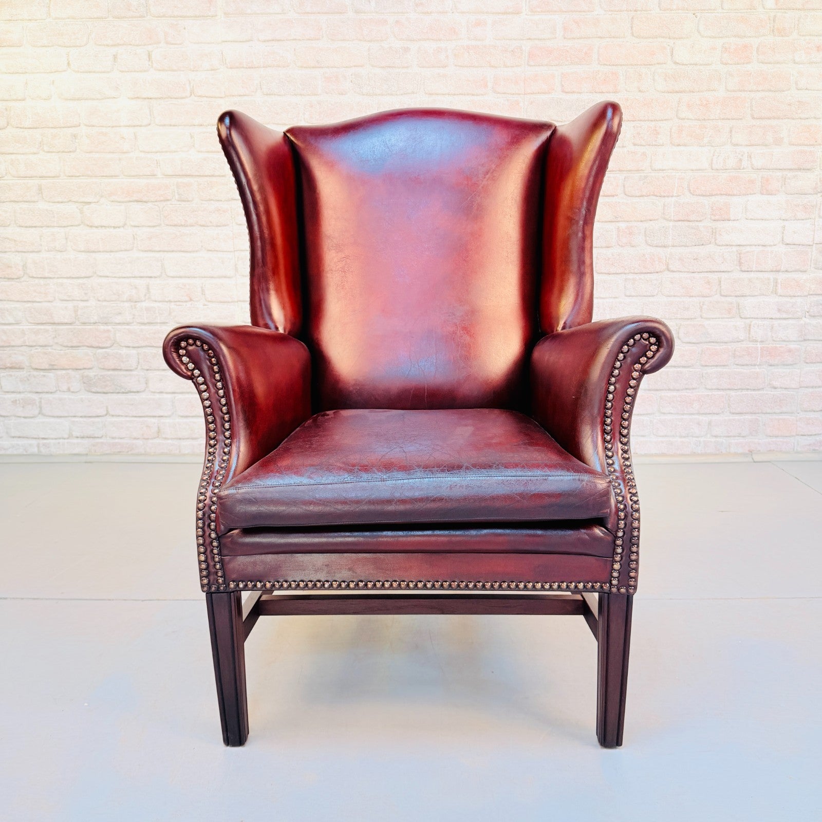 Vintage Danish Deep Red Leather Wingback Chair Hand Dyed Chestnut Patina