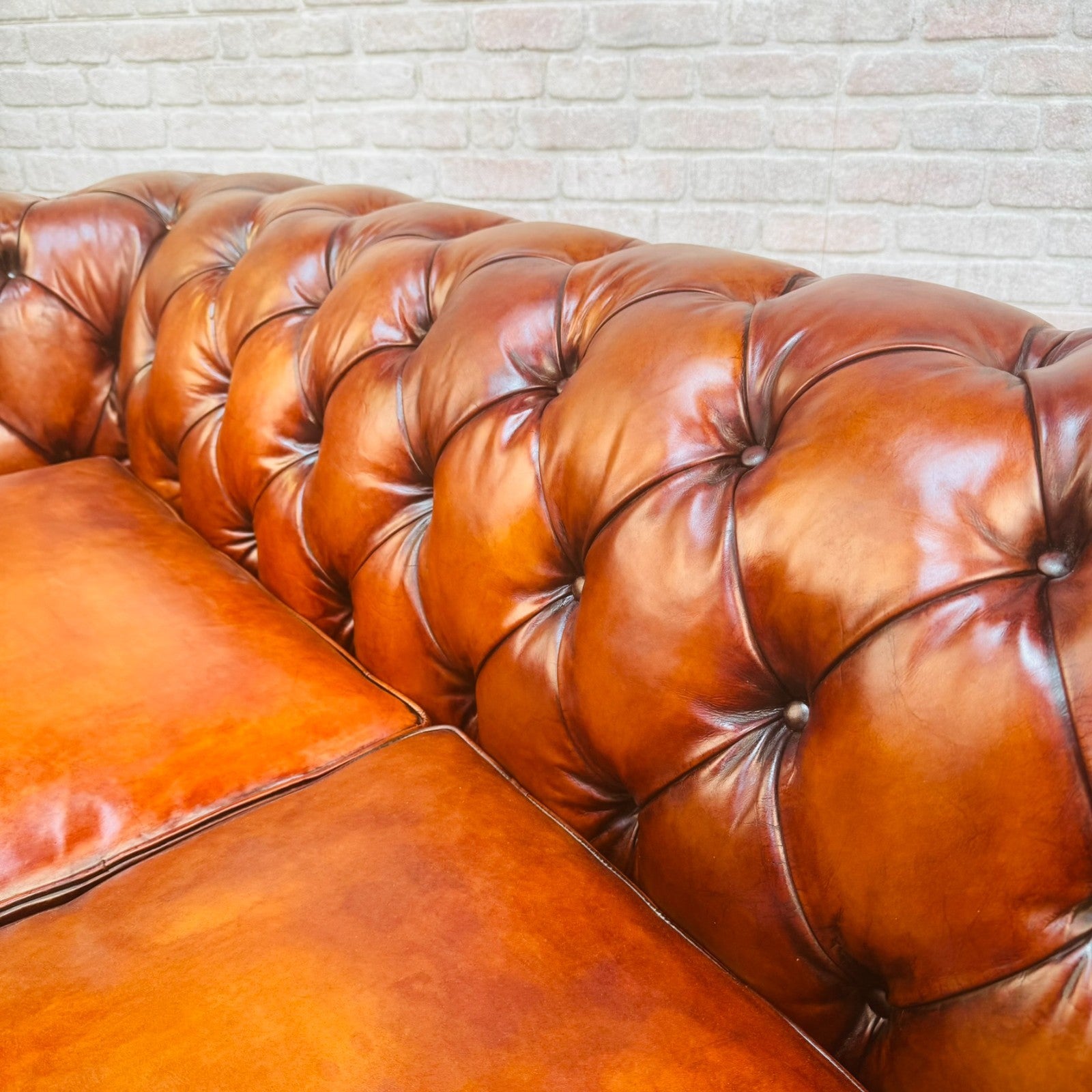 Vintage English Three Seater Tan Leather Chesterfield Sofa